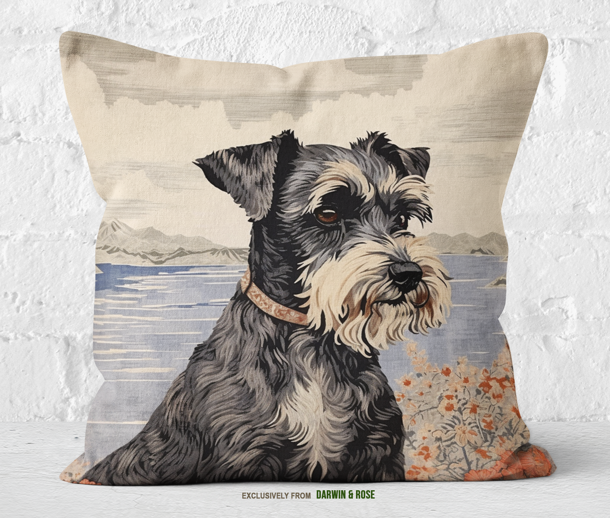 Miniature Schnauzer Scenic Farmhouse Throw Pillow