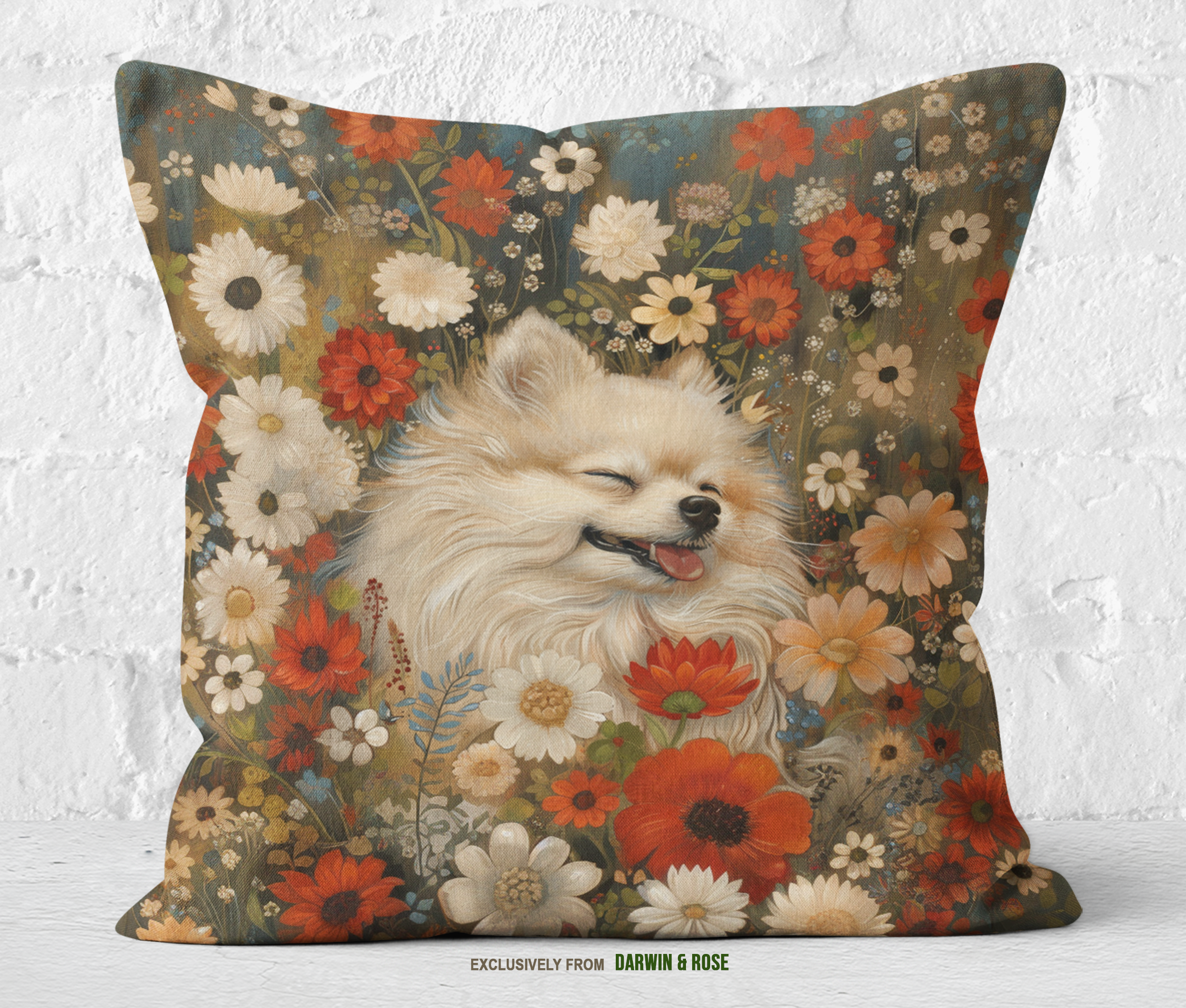Floral Bliss Pomeranian Throw Pillow – Boho Chic Decor for Dog Lovers