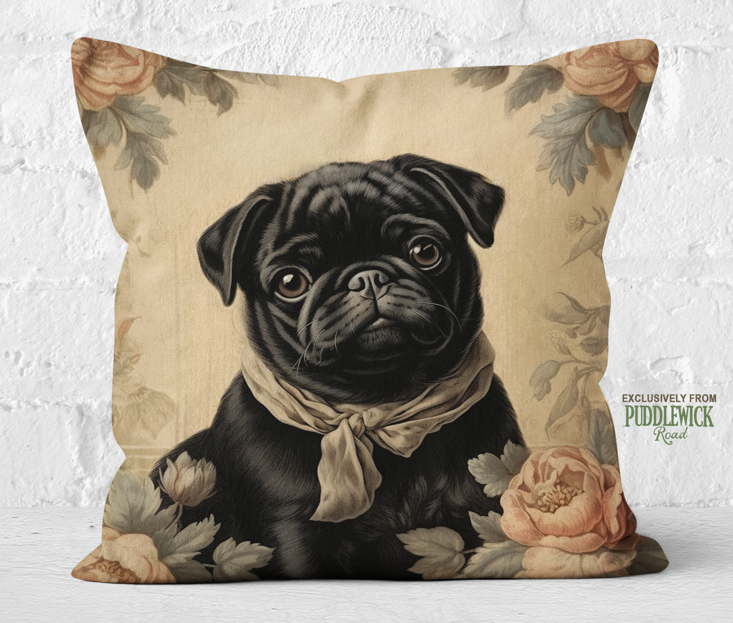 The Velvet Rose Black Pug Throw Pillow | Vintage-Inspired Dog Cushion - Darwin & Rose