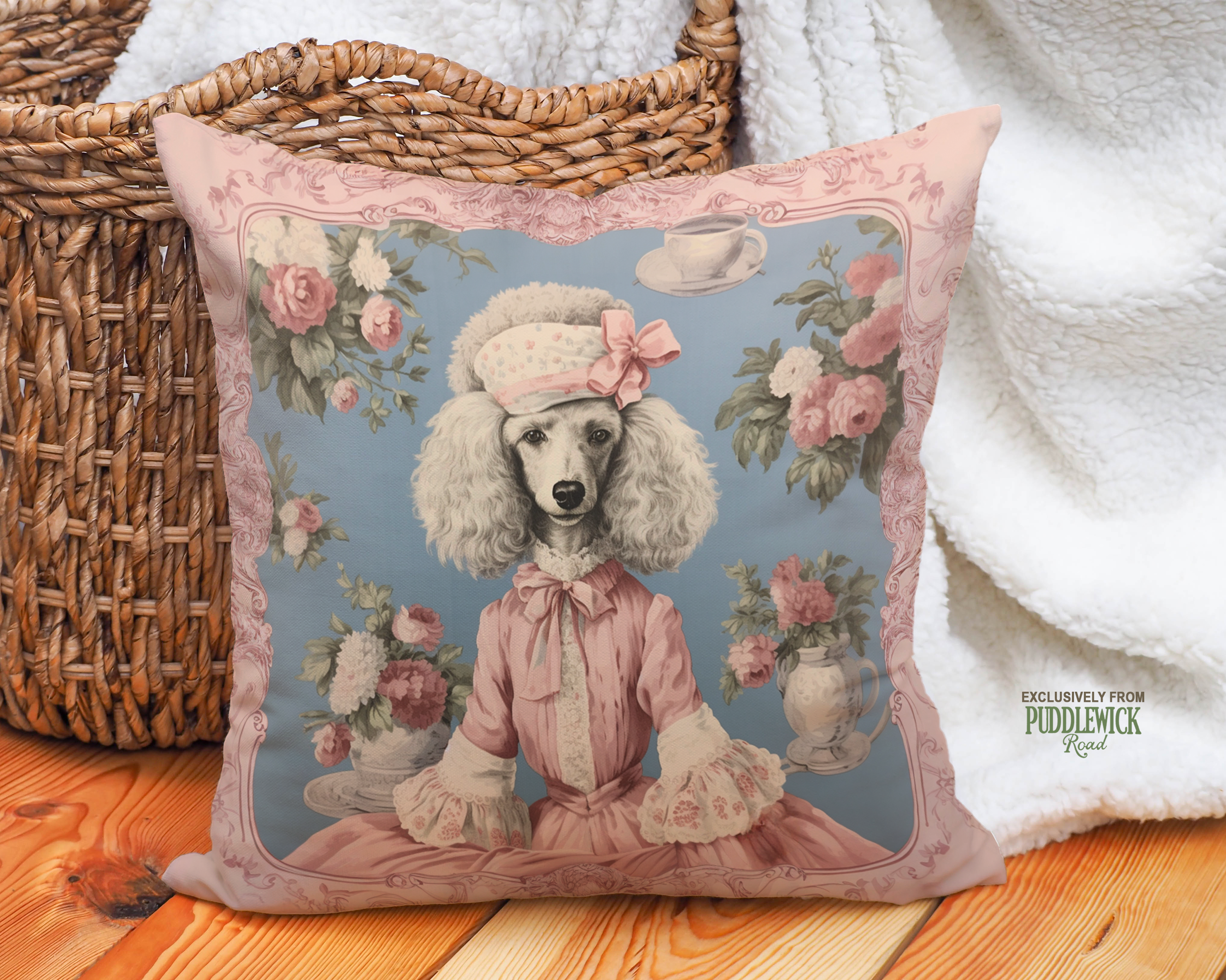 The Parisian Tea Poodle Throw Pillow | Vintage French-Inspired Dog Cushion - Darwin & Rose