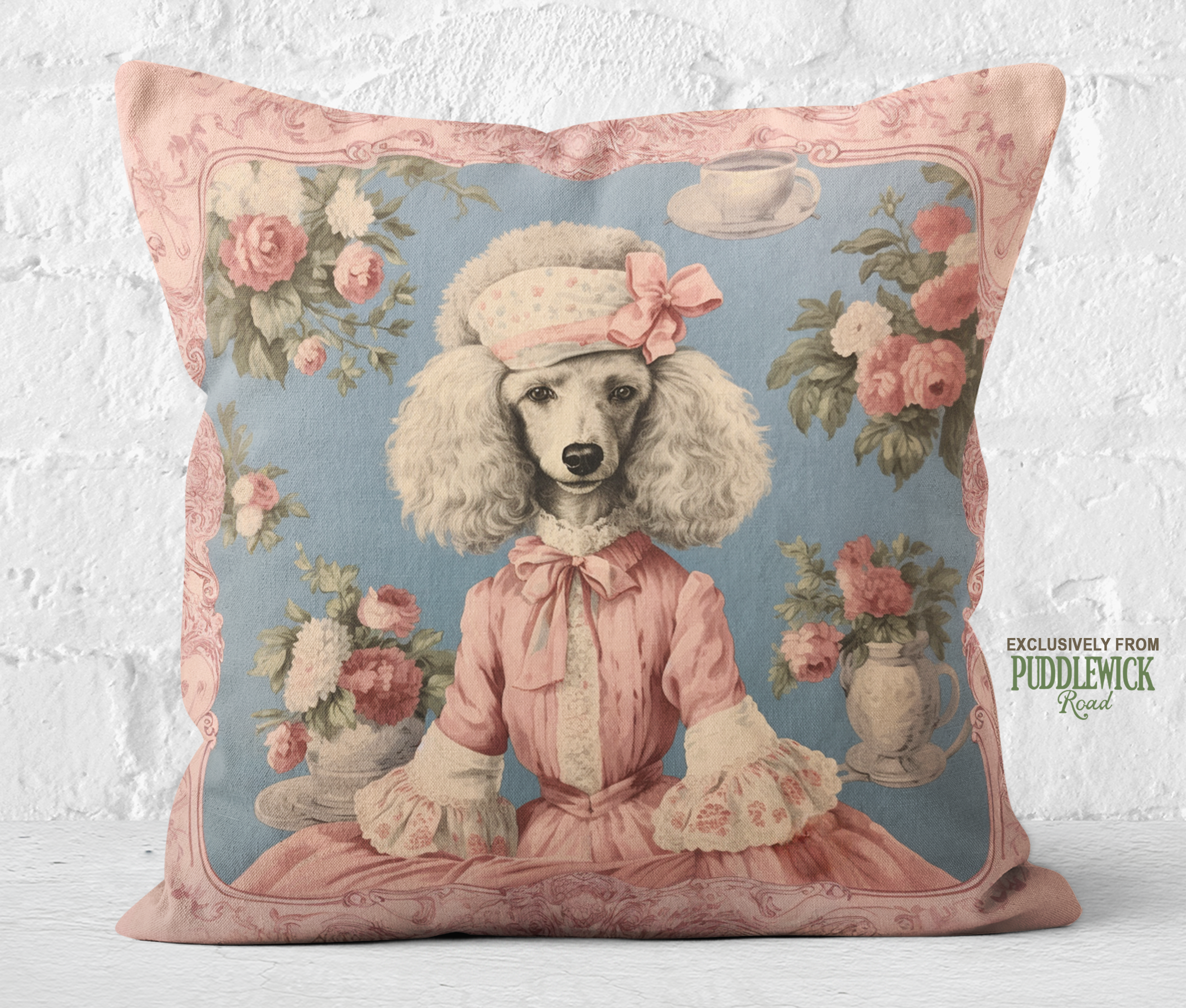 The Parisian Tea Poodle Throw Pillow | Vintage French-Inspired Dog Cushion - Darwin & Rose