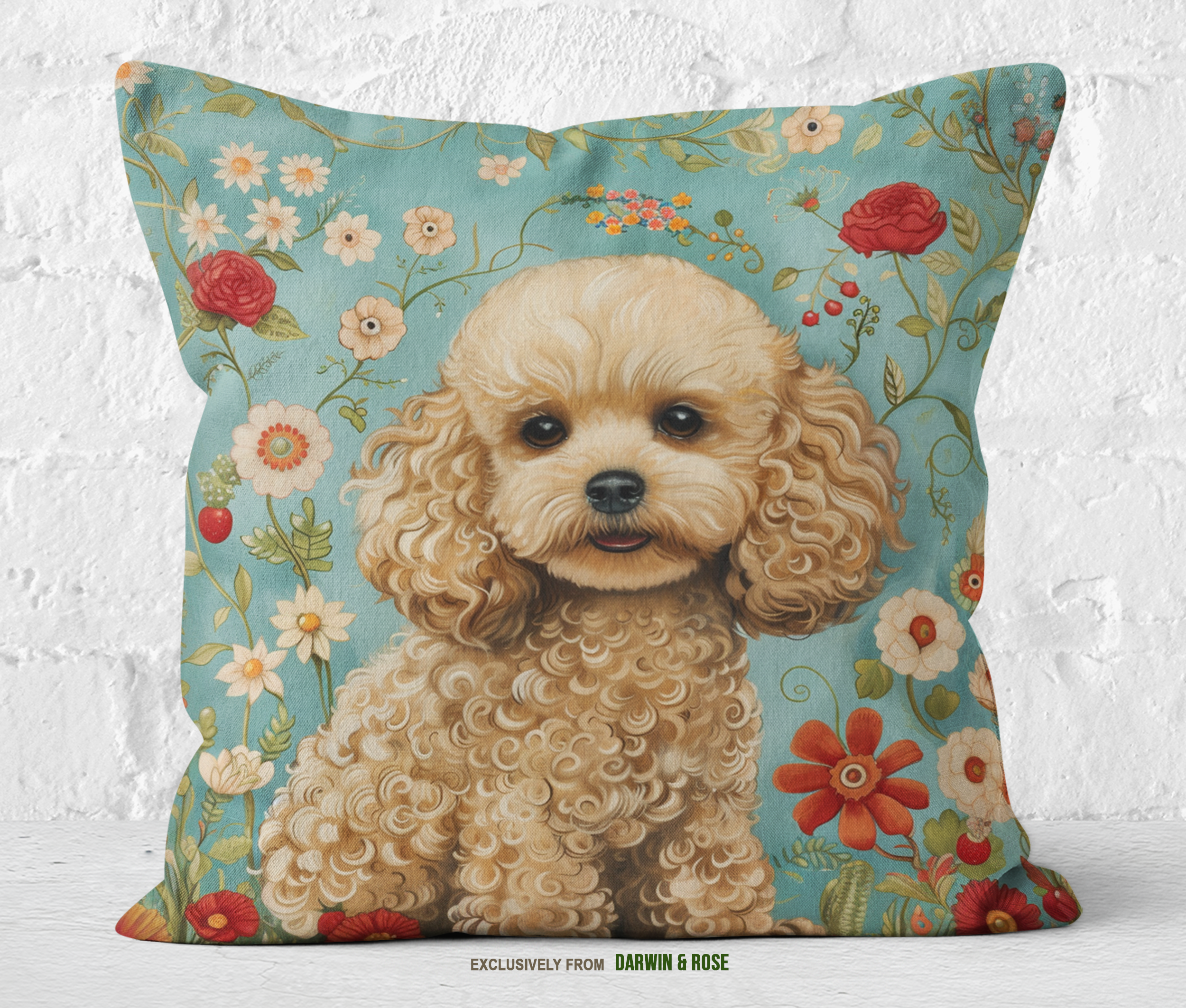 Floral Bliss Poodle Throw Pillow – Vintage Boho Style for Dog Lovers