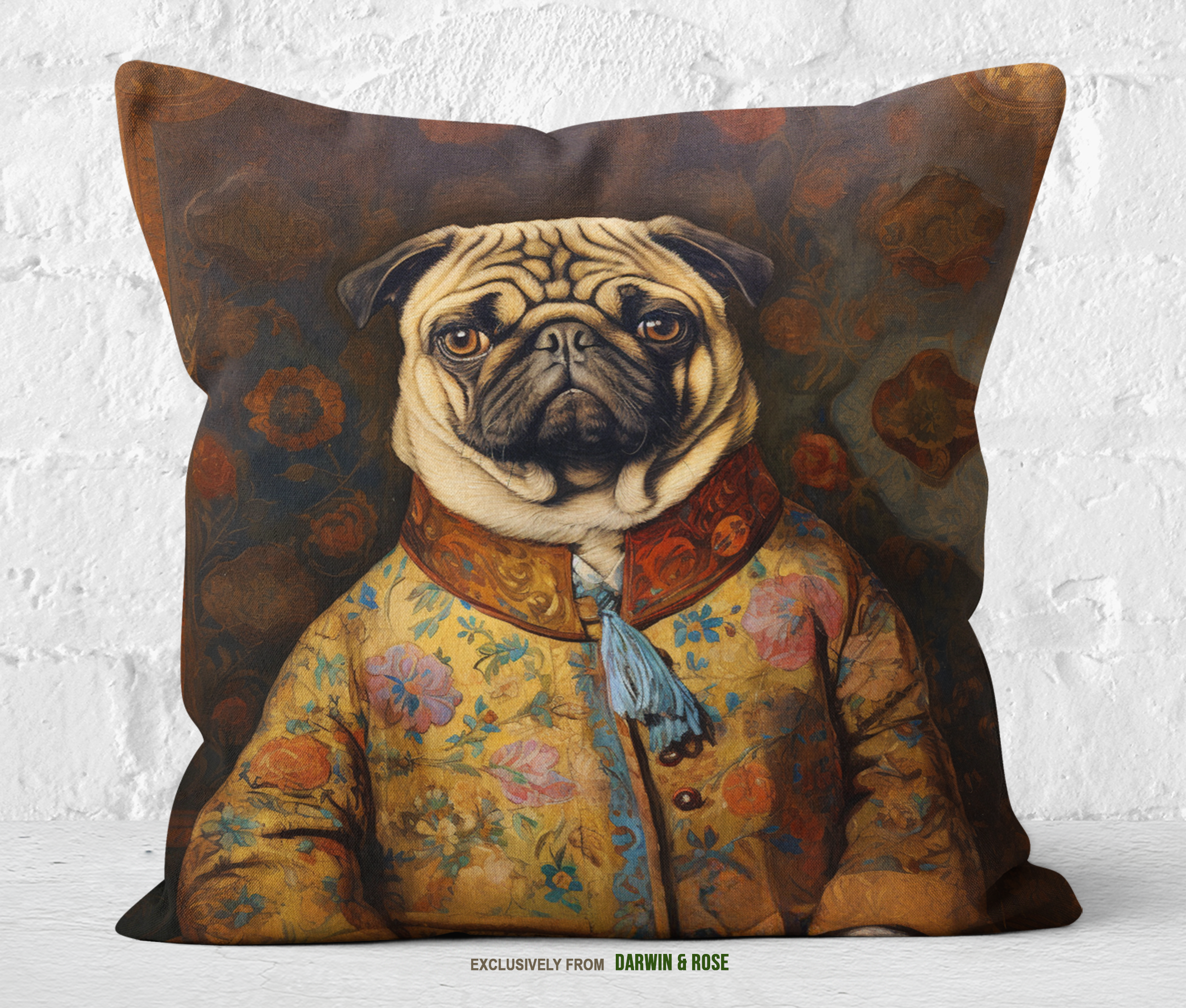 Regal Pug Portrait Throw Pillow - Vintage Baroque Style Decor