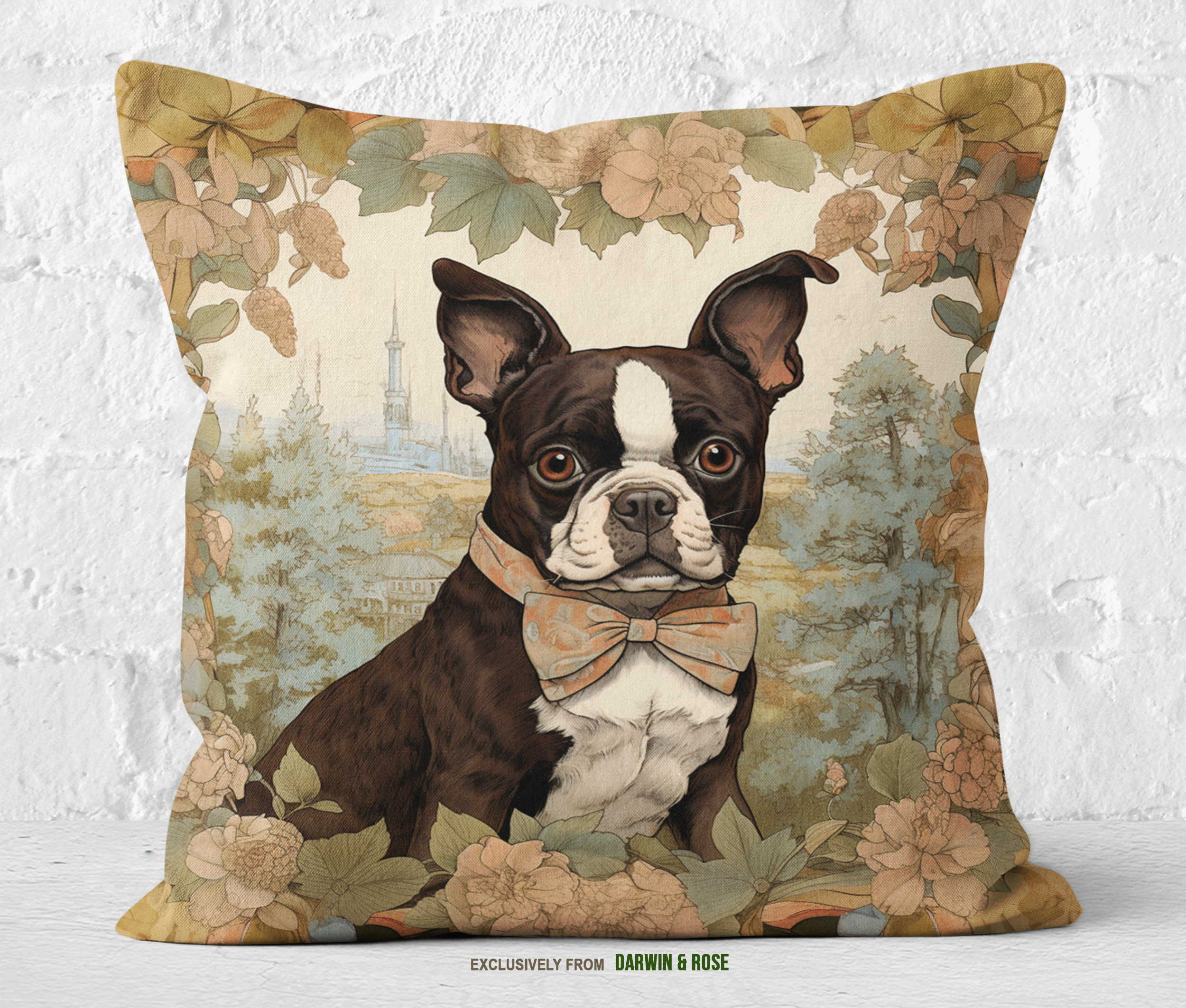 Brown Boston Terrier in Vintage Floral Frame Throw Pillow – Rustic Charm for Dog Lovers