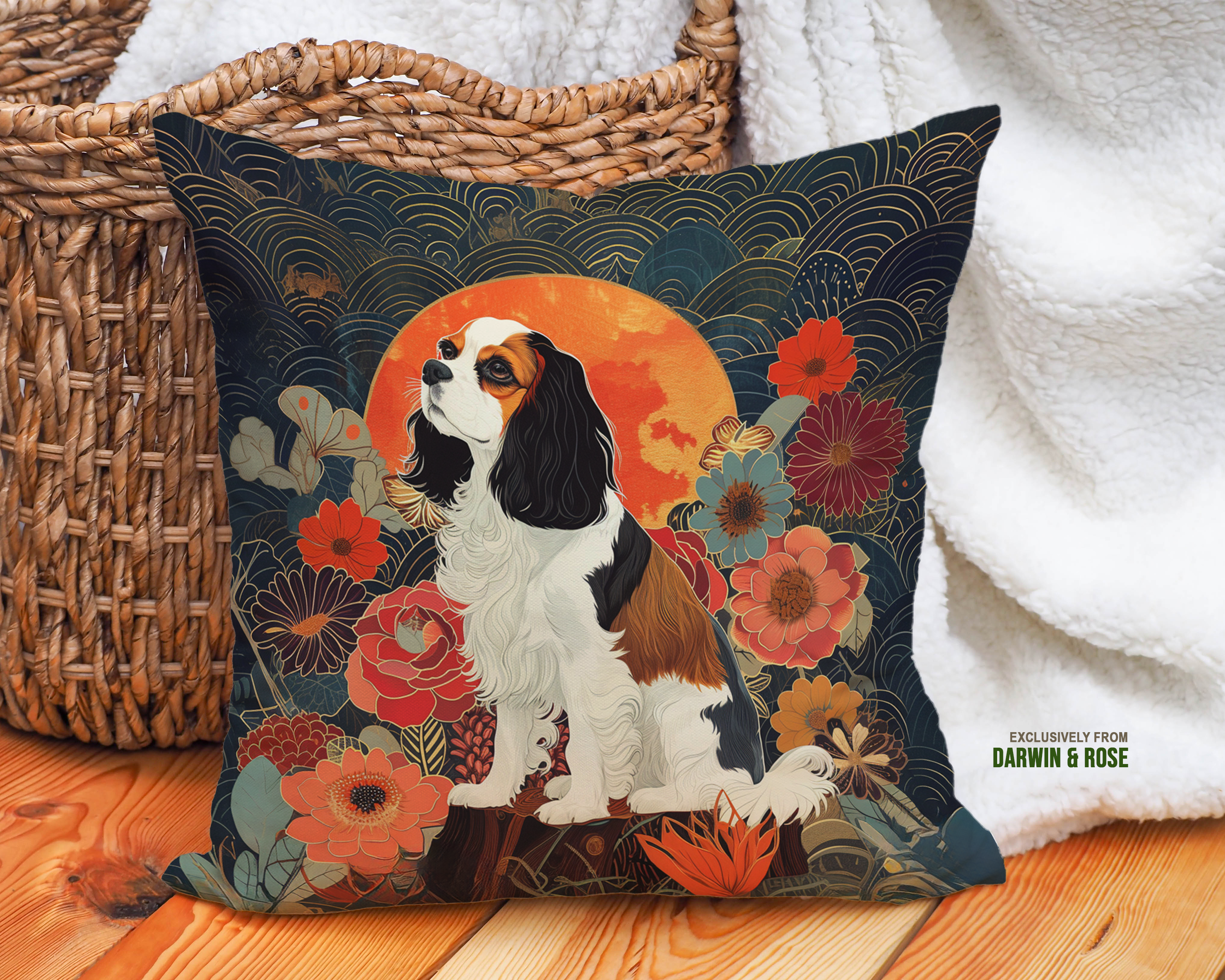 Cavalier King Charles Spaniel Boho Floral Throw Pillow