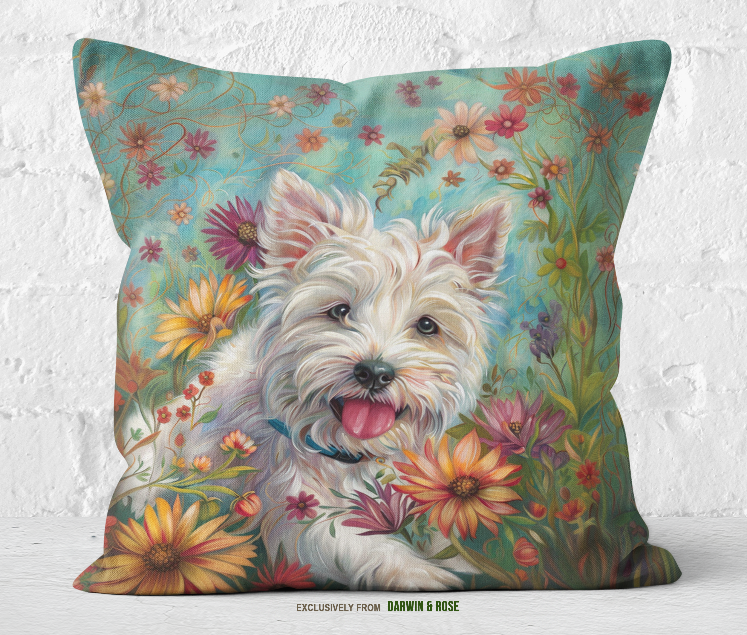 West Highland White Terrier Floral Boho Throw Pillow