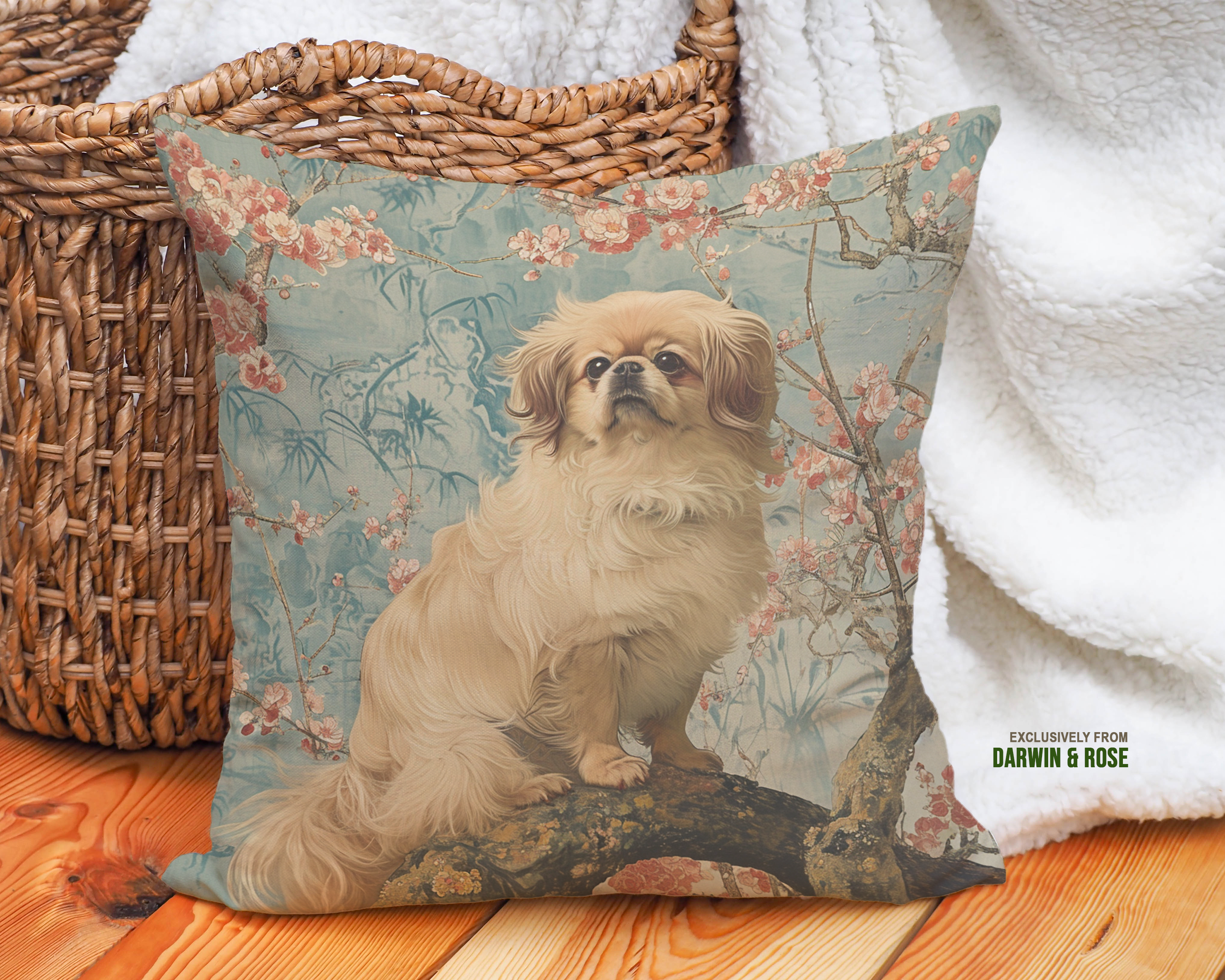 Pekingese Blossom Elegance: Vintage Floral Throw Pillow