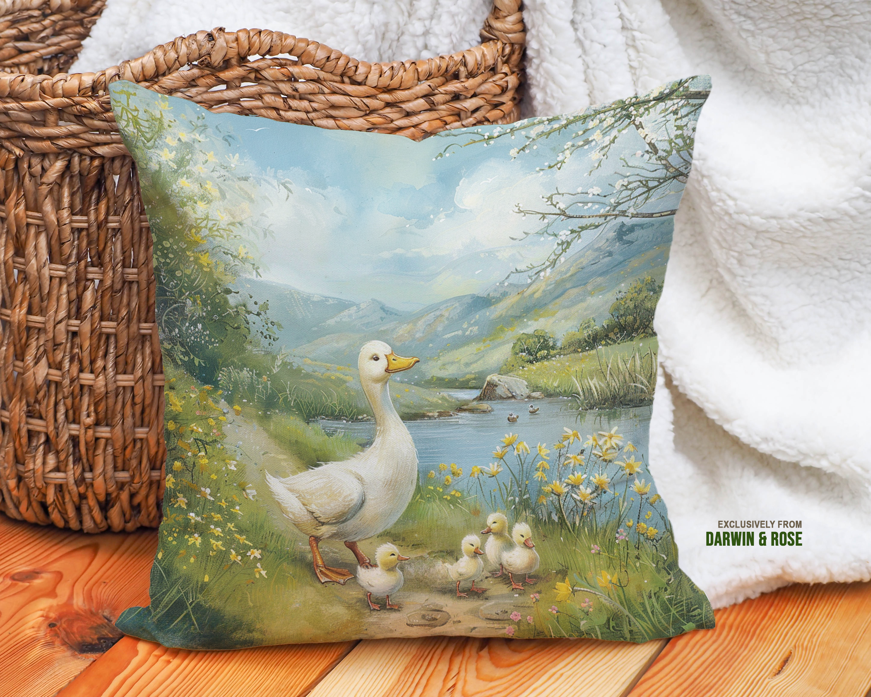 Springtime Duck Family Throw Pillow - Cottagecore Easter Decor