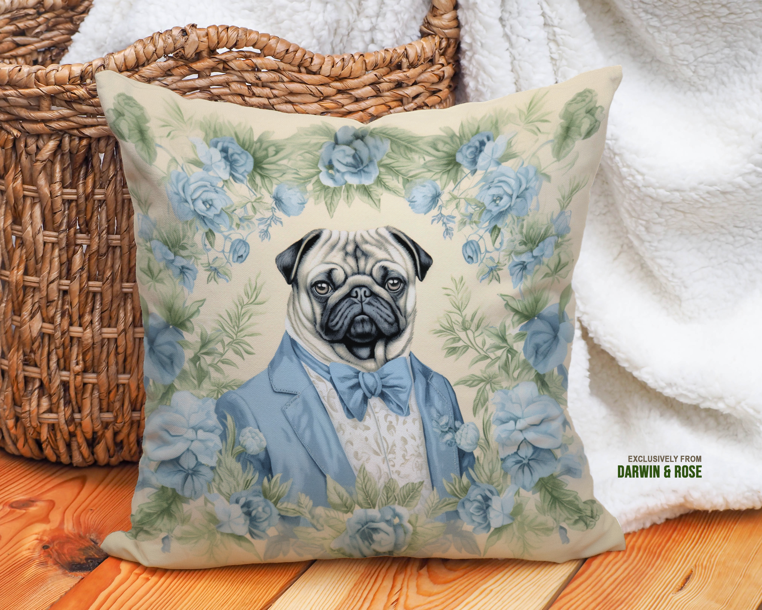 Regal Pug Portrait Throw Pillow – Elegant Vintage Floral Design