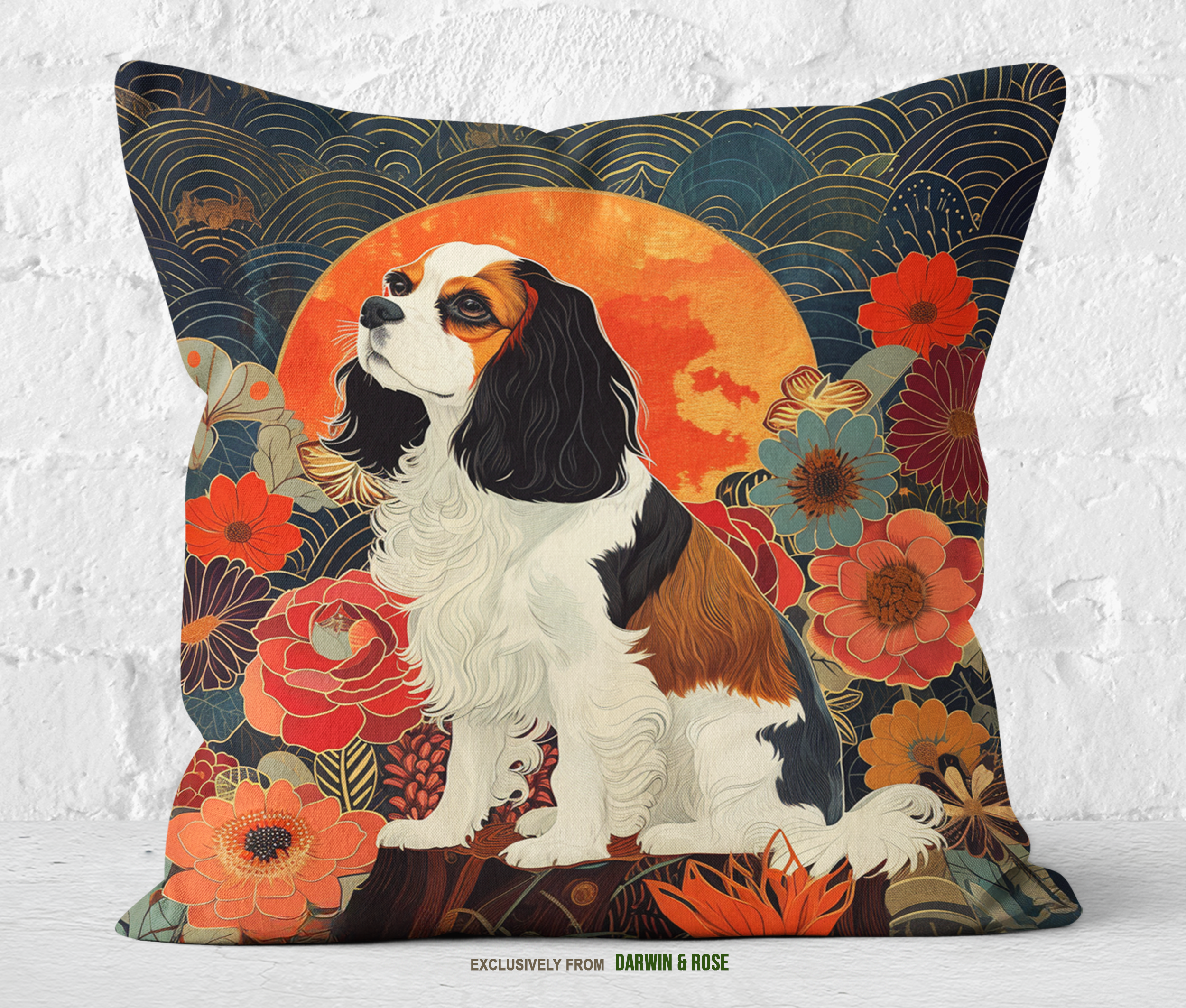 Cavalier King Charles Spaniel Boho Floral Throw Pillow