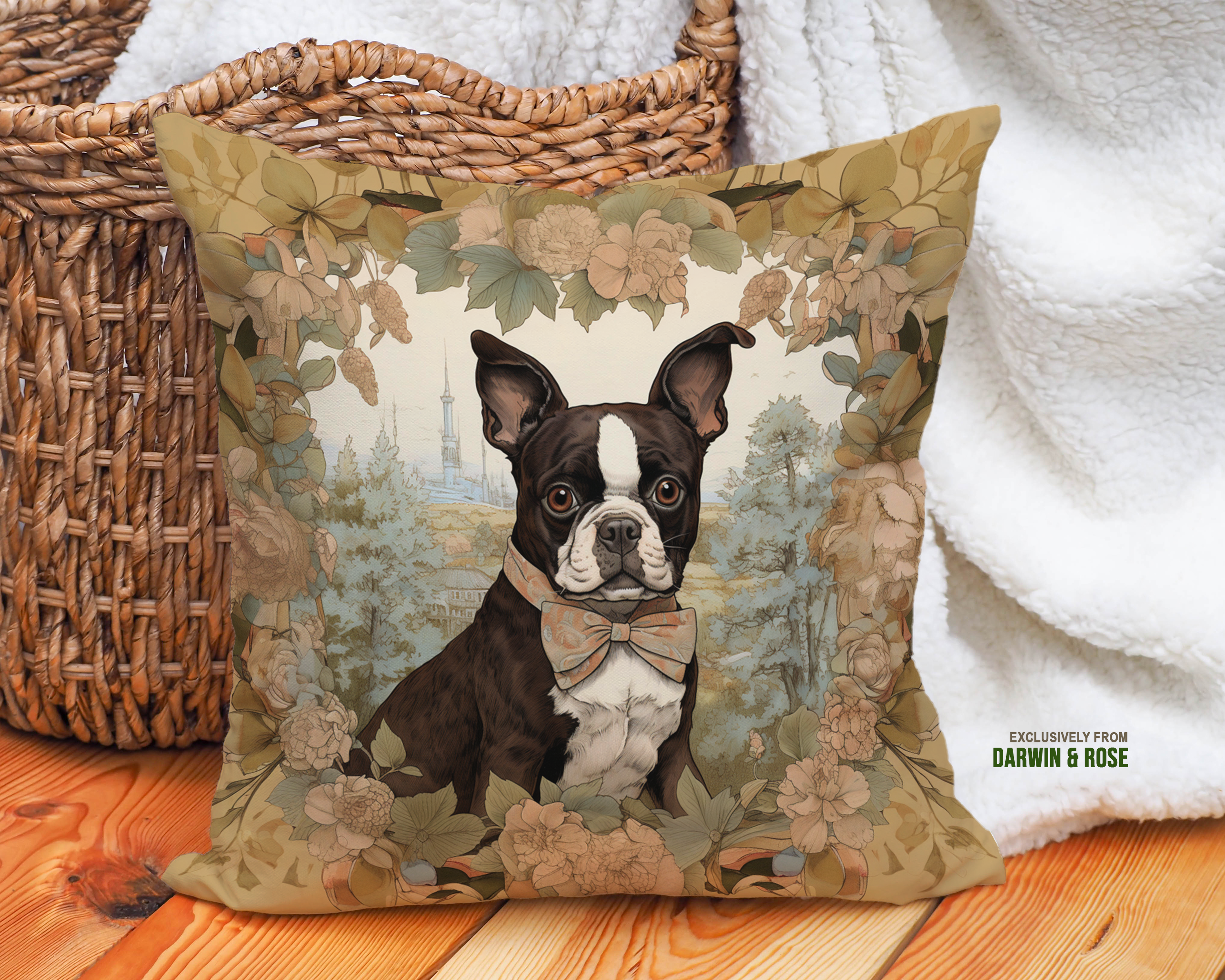 Brown Boston Terrier in Vintage Floral Frame Throw Pillow – Rustic Charm for Dog Lovers