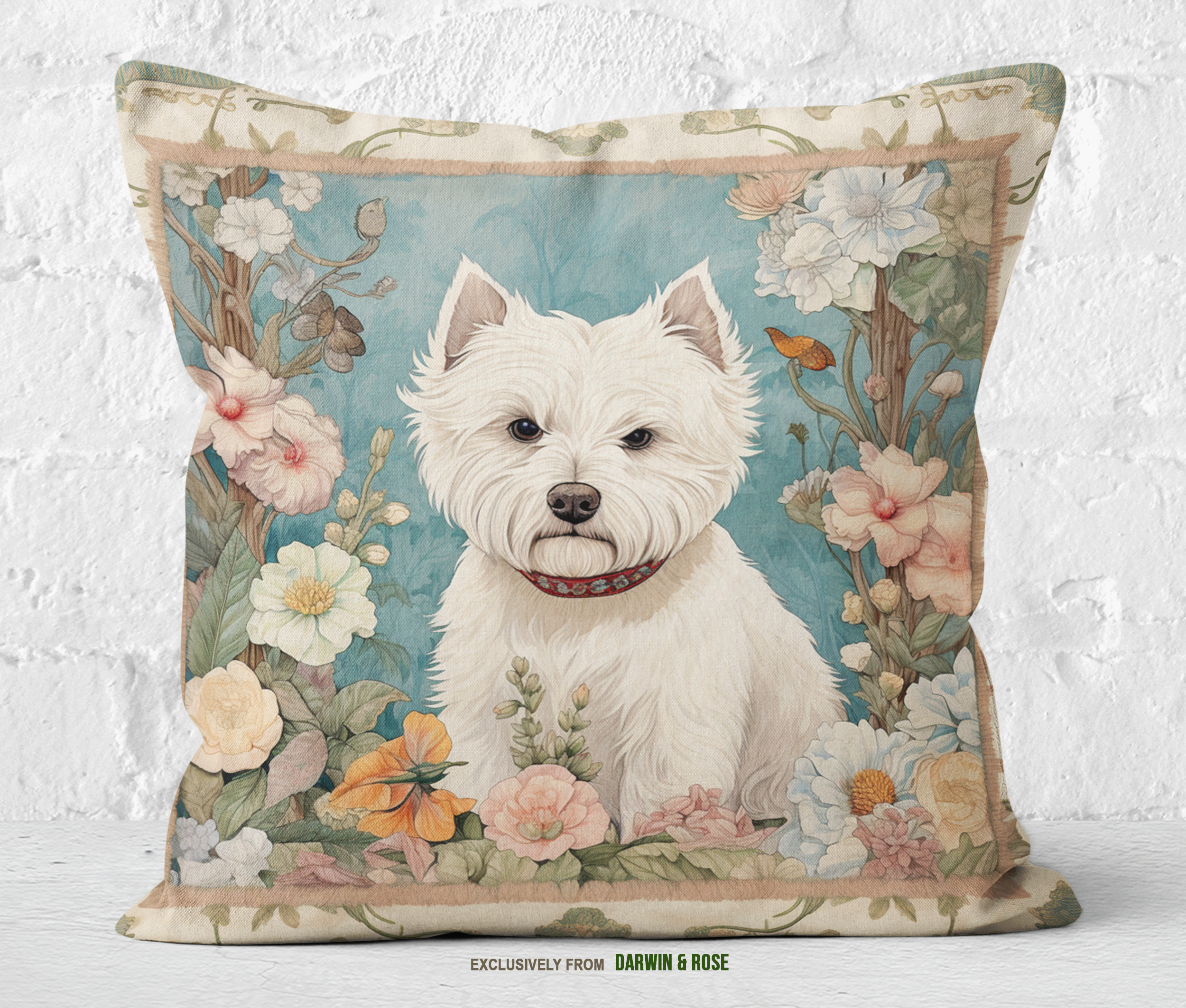Westie Charm Floral Vintage Throw Pillow