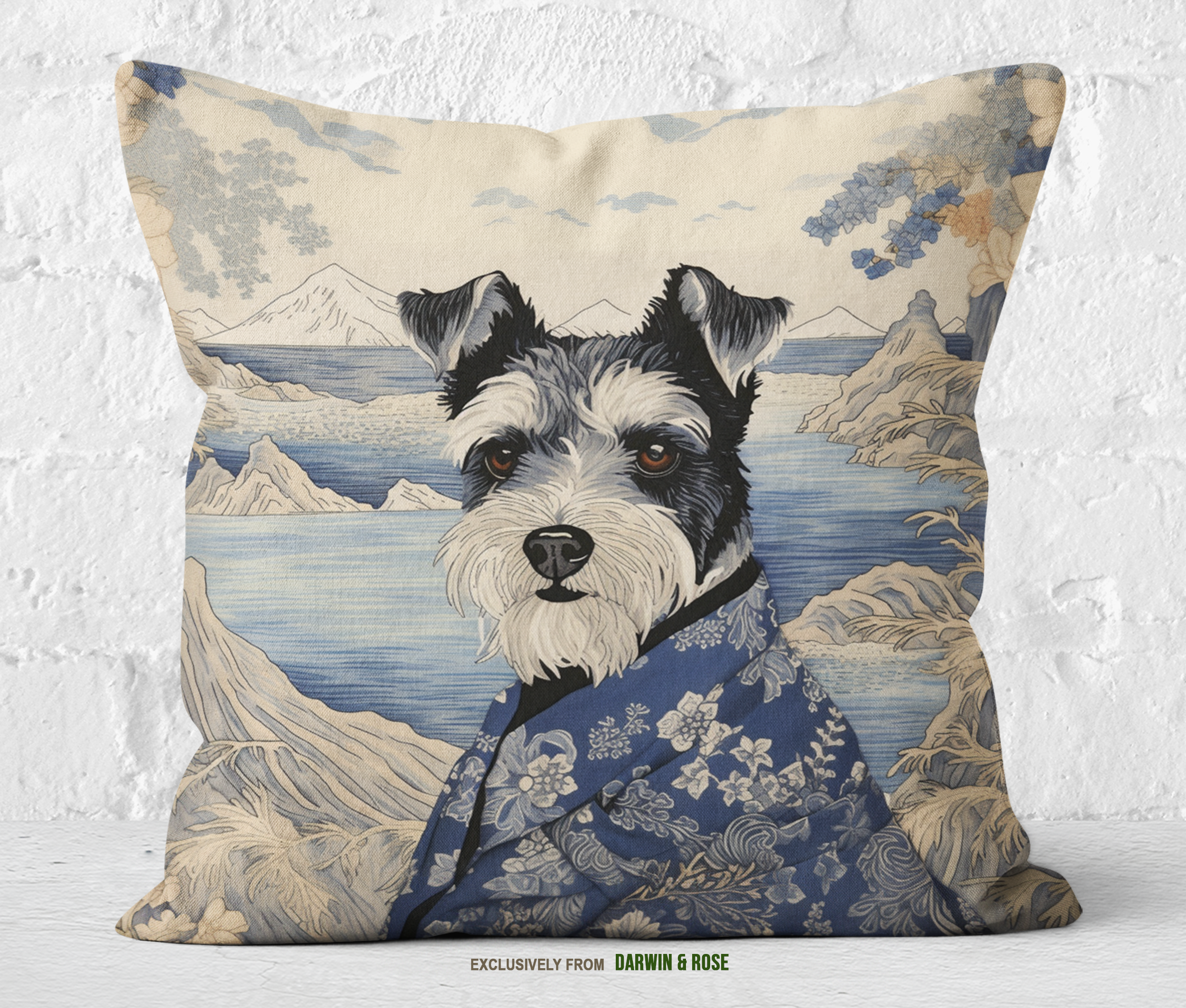Miniature Schnauzer Boho-Chic Throw Pillow – Blue Floral Landscape Design