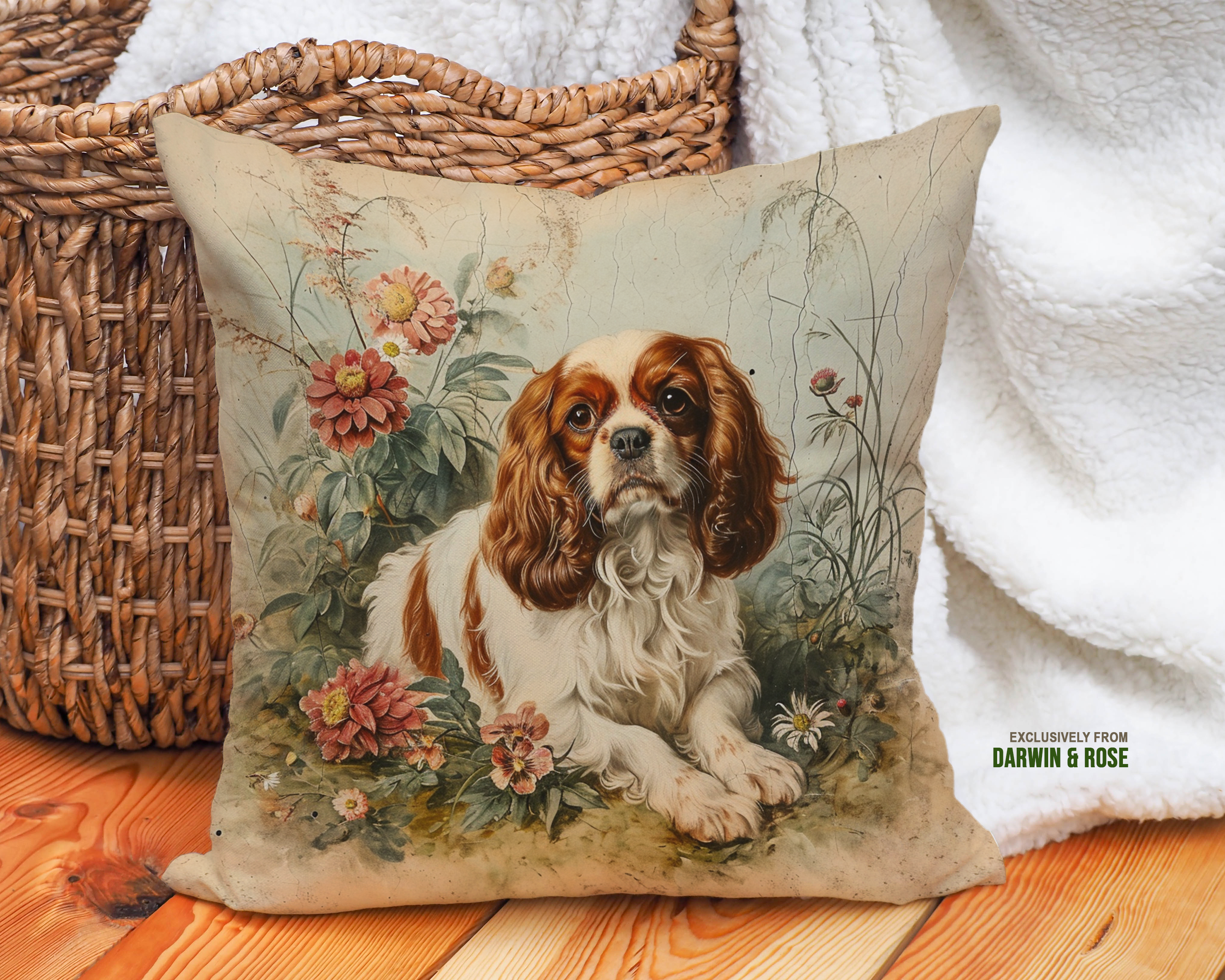 Cavalier King Charles Spaniel Vintage Floral Throw Pillow