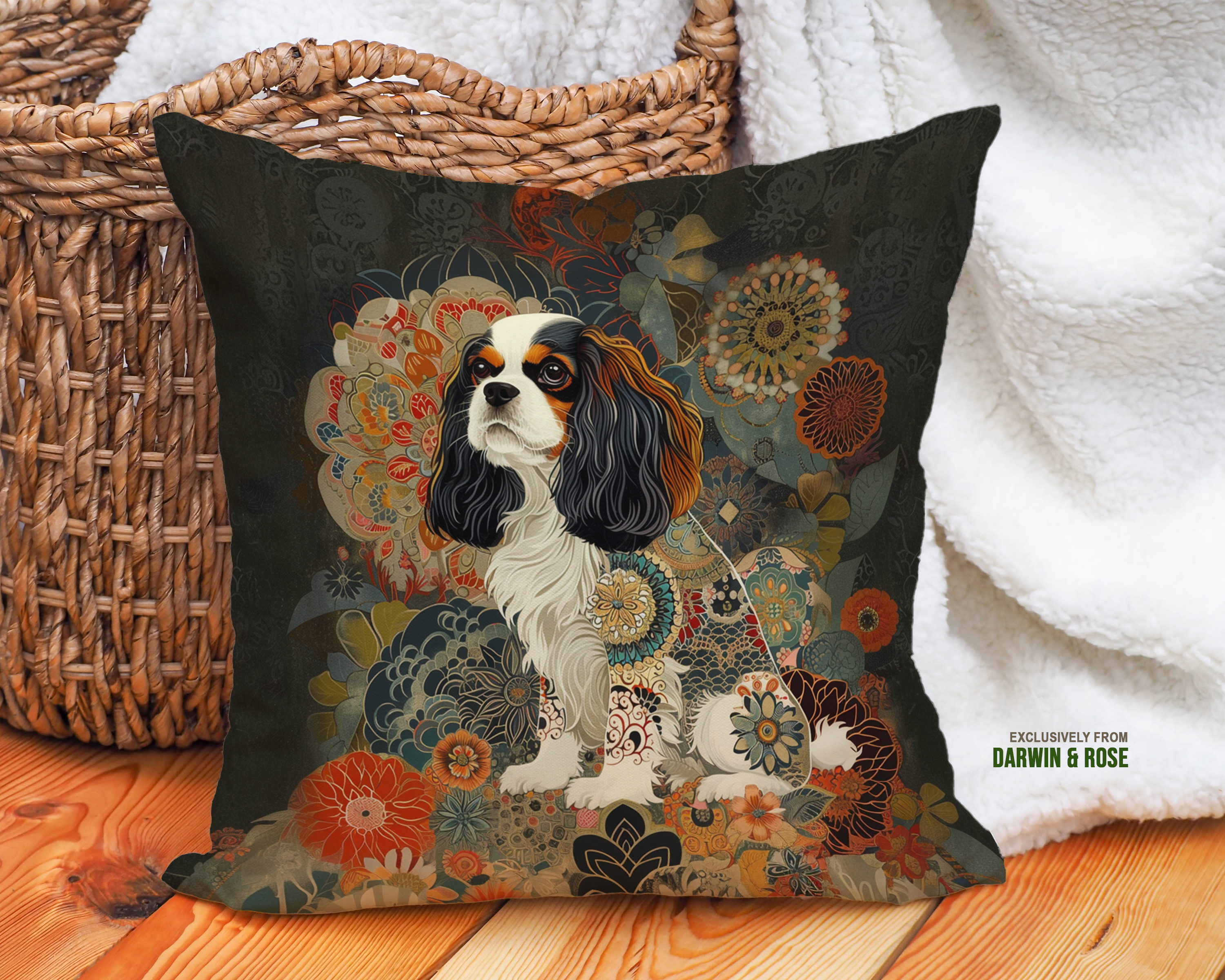 Cavalier King Charles Spaniel Boho Floral Throw Pillow