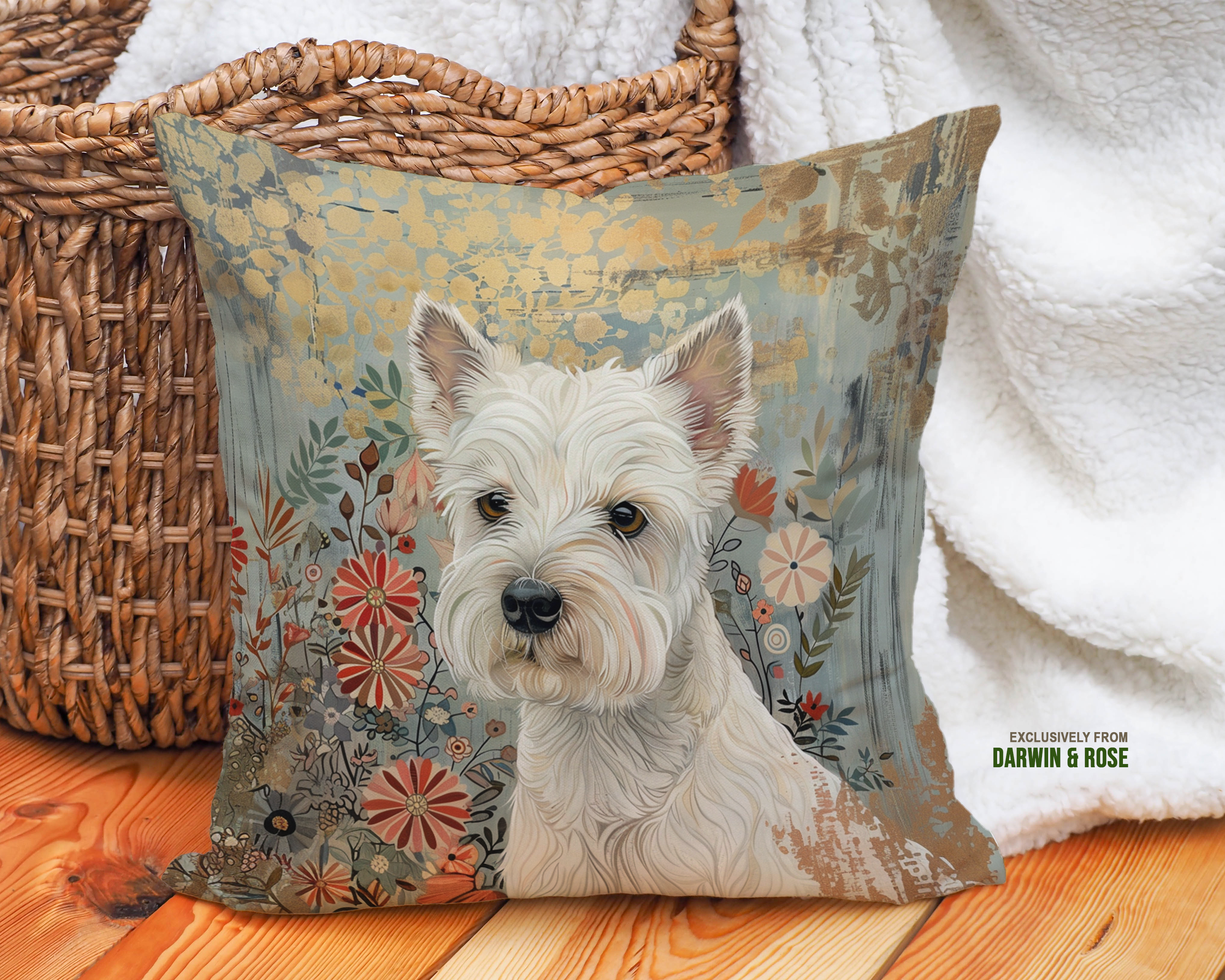 West Highland White Terrier Floral Throw Pillow – Modern Farmhouse Style
