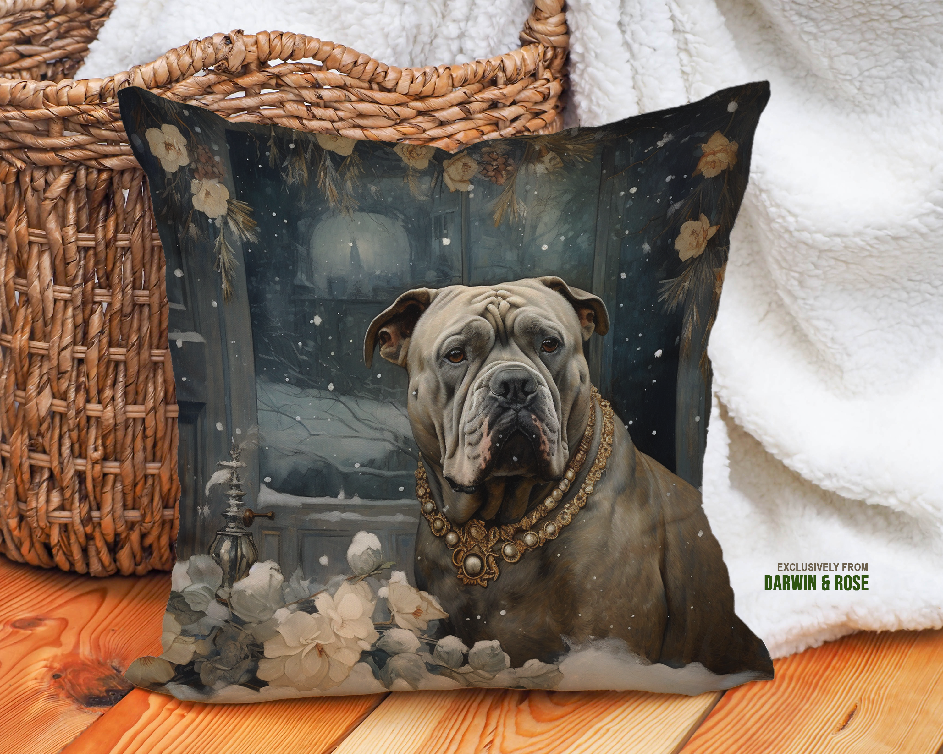 Regal Winter English Bulldog Throw Pillow - Elegant Christmas Décor