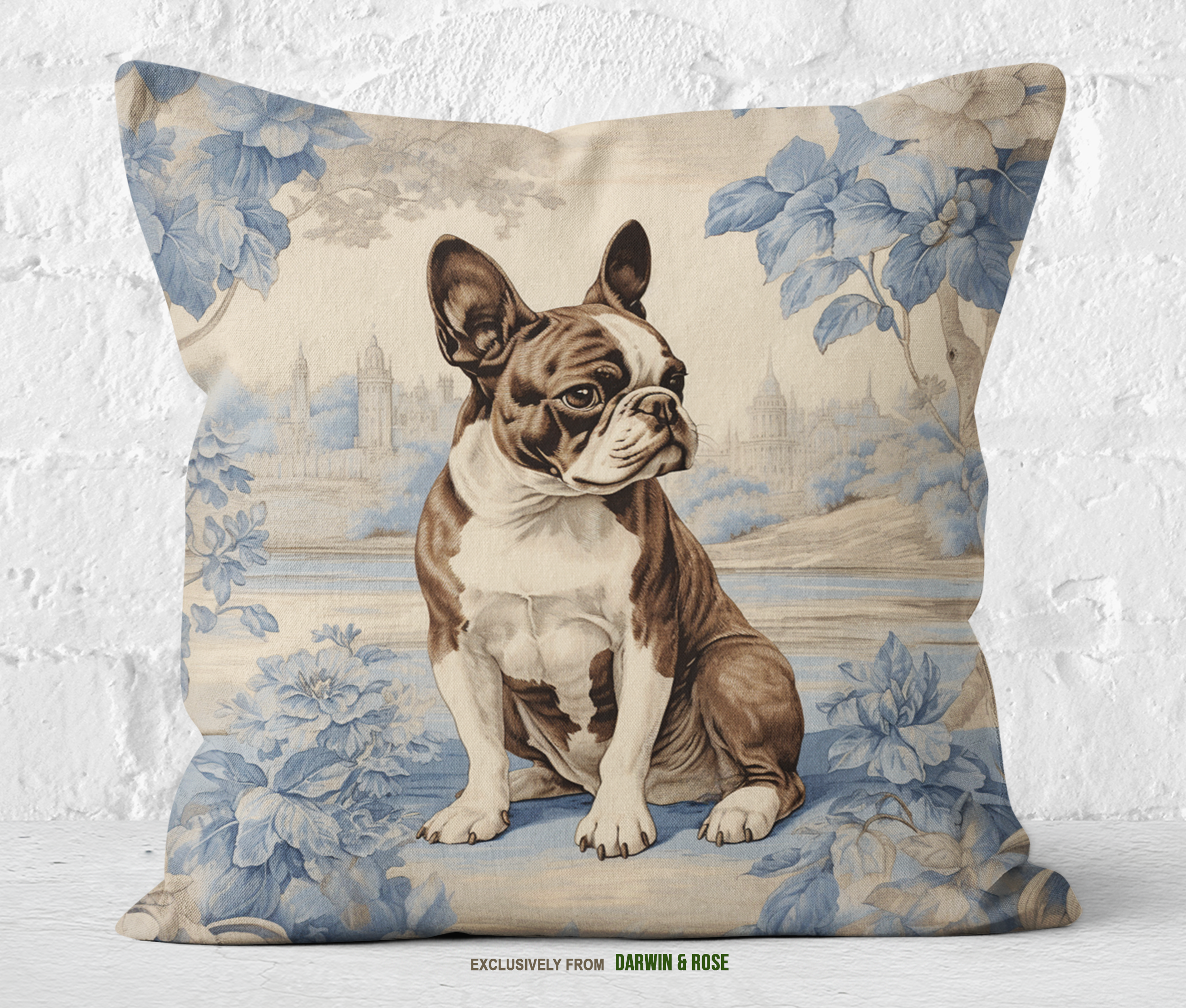 Brown Boston Terrier Toile-Inspired Throw Pillow – Classic French Country Style