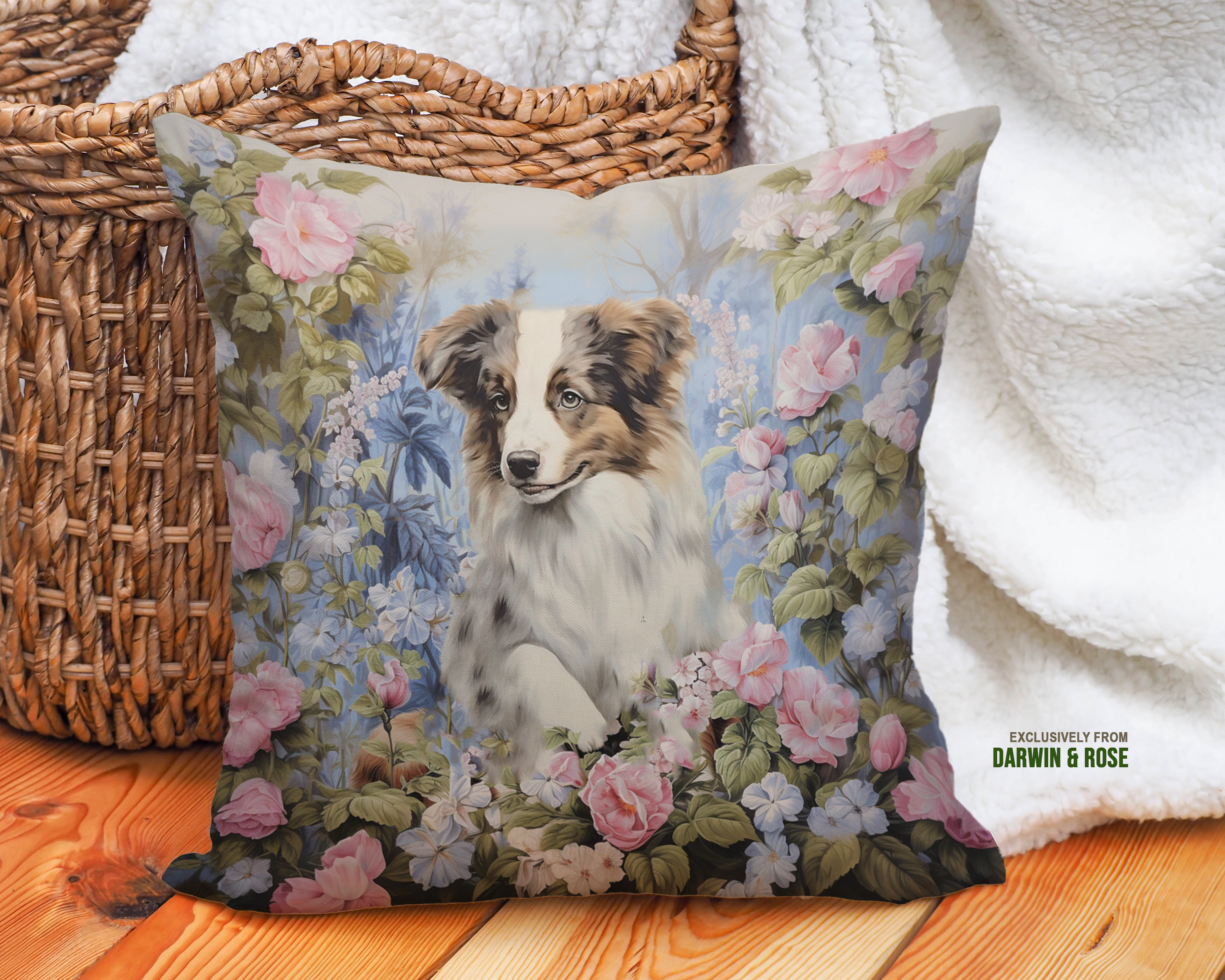 Australian Shepherd Floral Elegance Throw Pillow – Romantic Cottagecore Décor