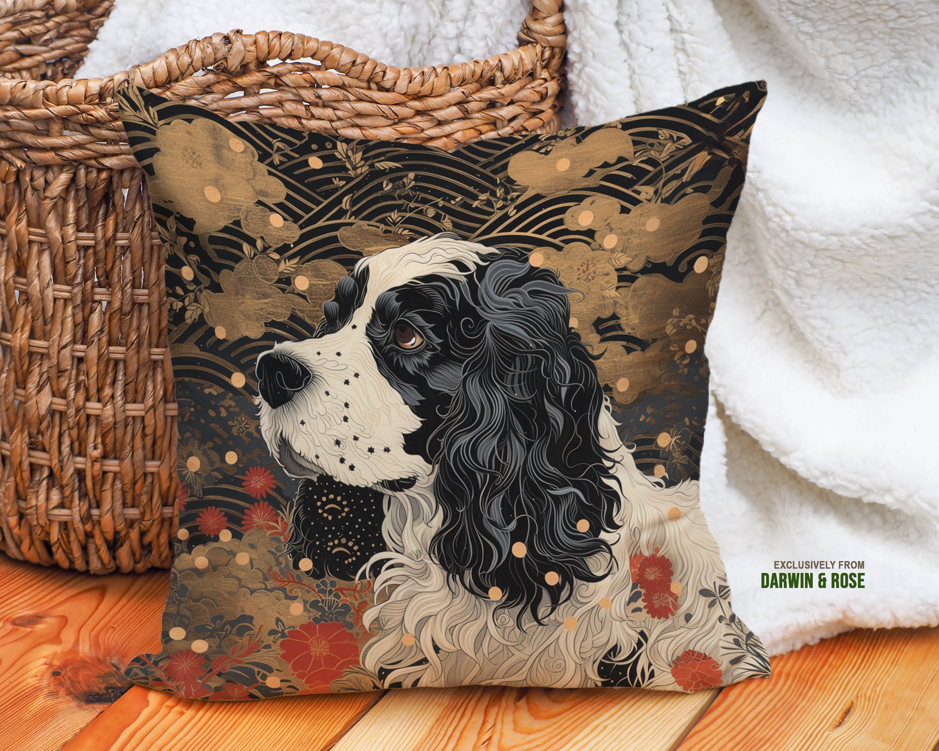 Elegant Cocker Spaniel Throw Pillow – Modern Floral Décor Accent