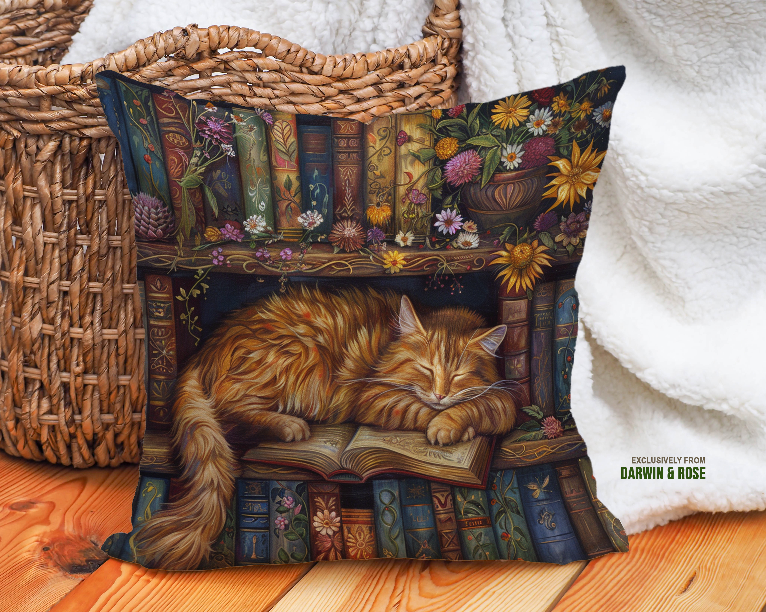 Cozy Cat Library Throw Pillow – Vintage Farmhouse Style