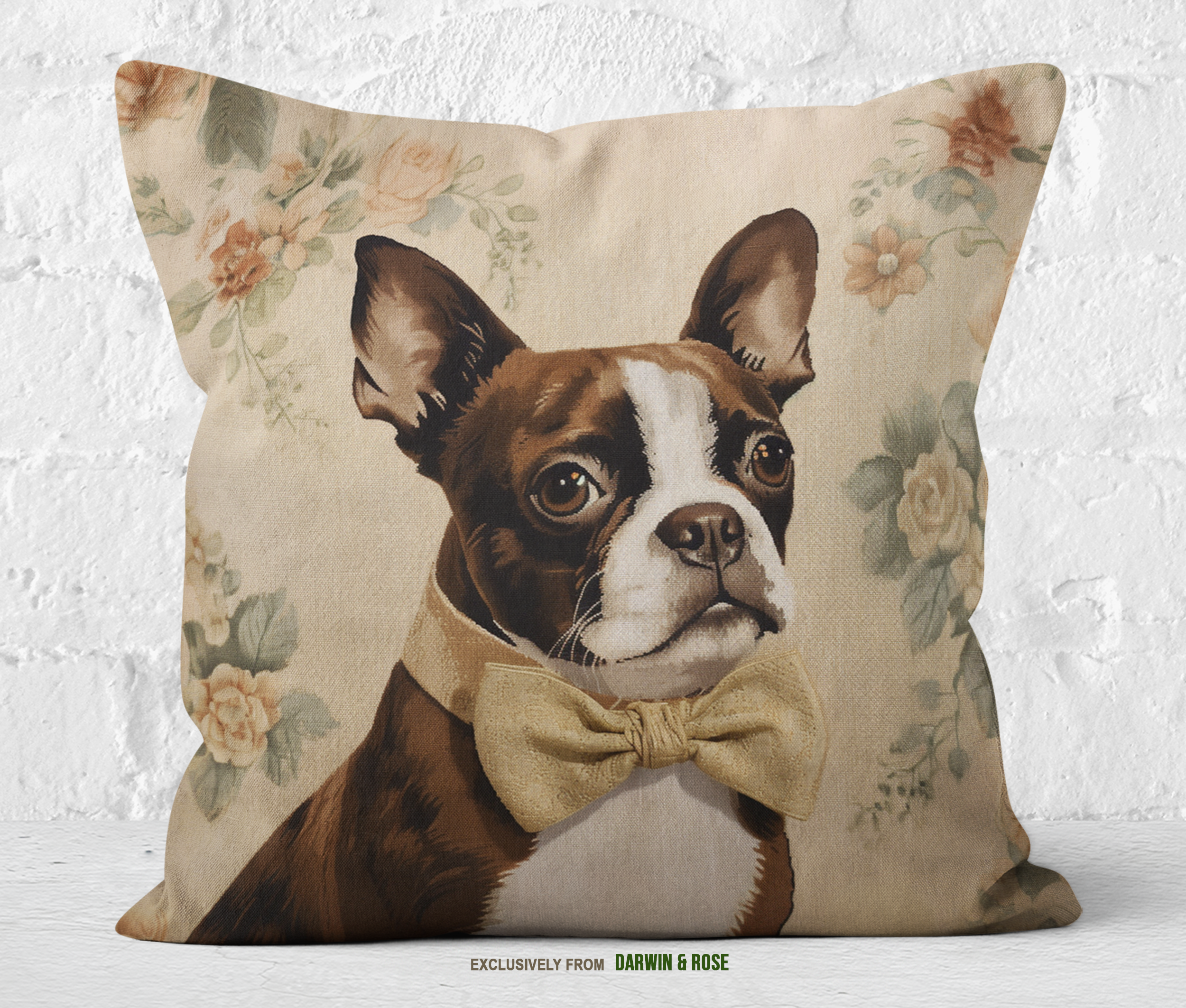 Boston Terrier Elegance: Vintage Floral Throw Pillow