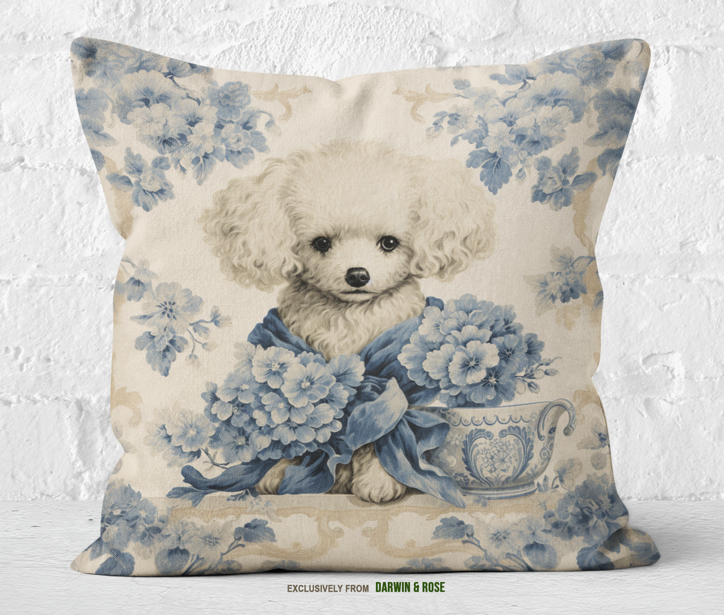 Poodle Elegance in Blue: Modern Chinoiserie Throw Pillow