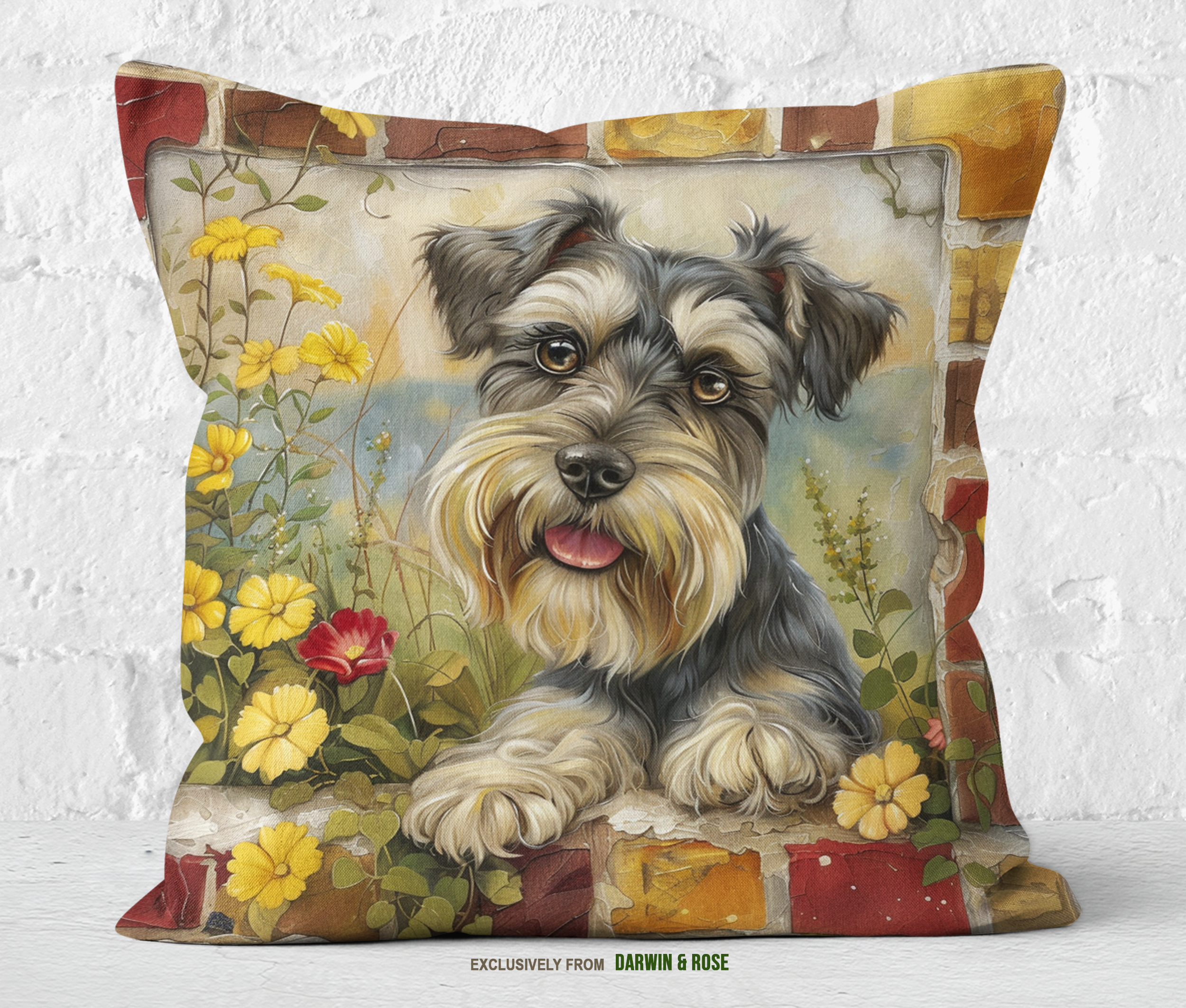 Miniature Schnauzer Floral Charm Throw Pillow - Rustic Farmhouse Style