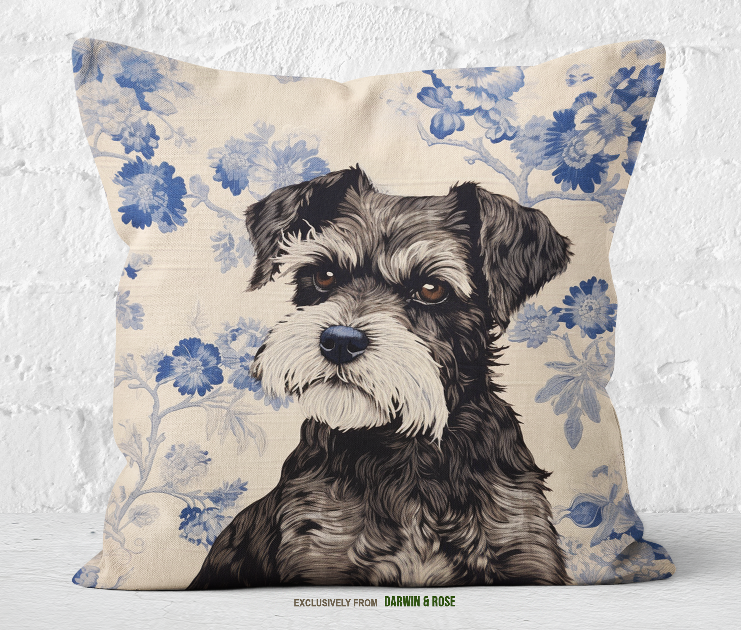 Miniature Schnauzer Blue Floral Throw Pillow – Modern Farmhouse Style