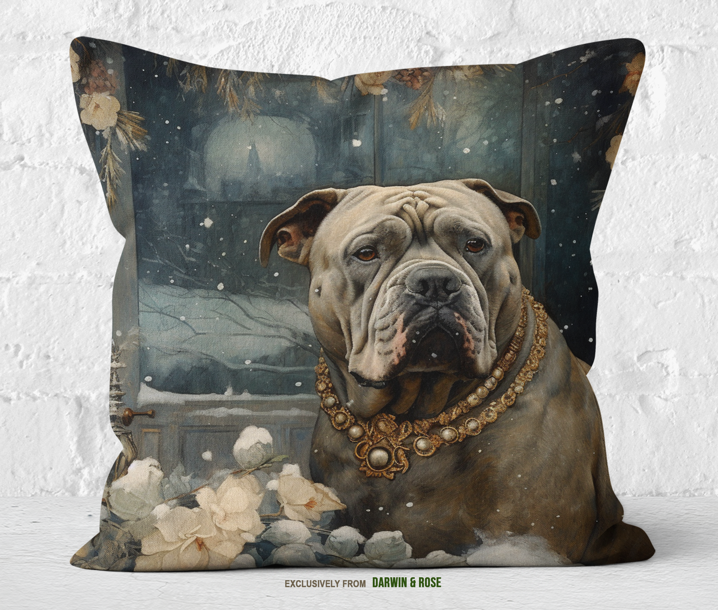 Regal Winter English Bulldog Throw Pillow - Elegant Christmas Décor