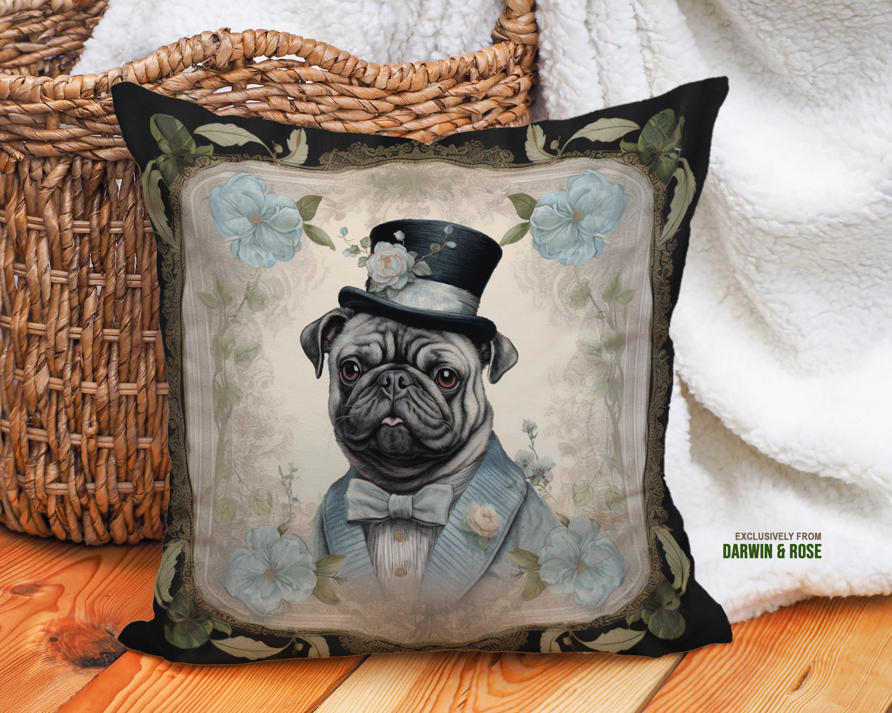 Pug Elegance Throw Pillow – Vintage Floral Victorian Style