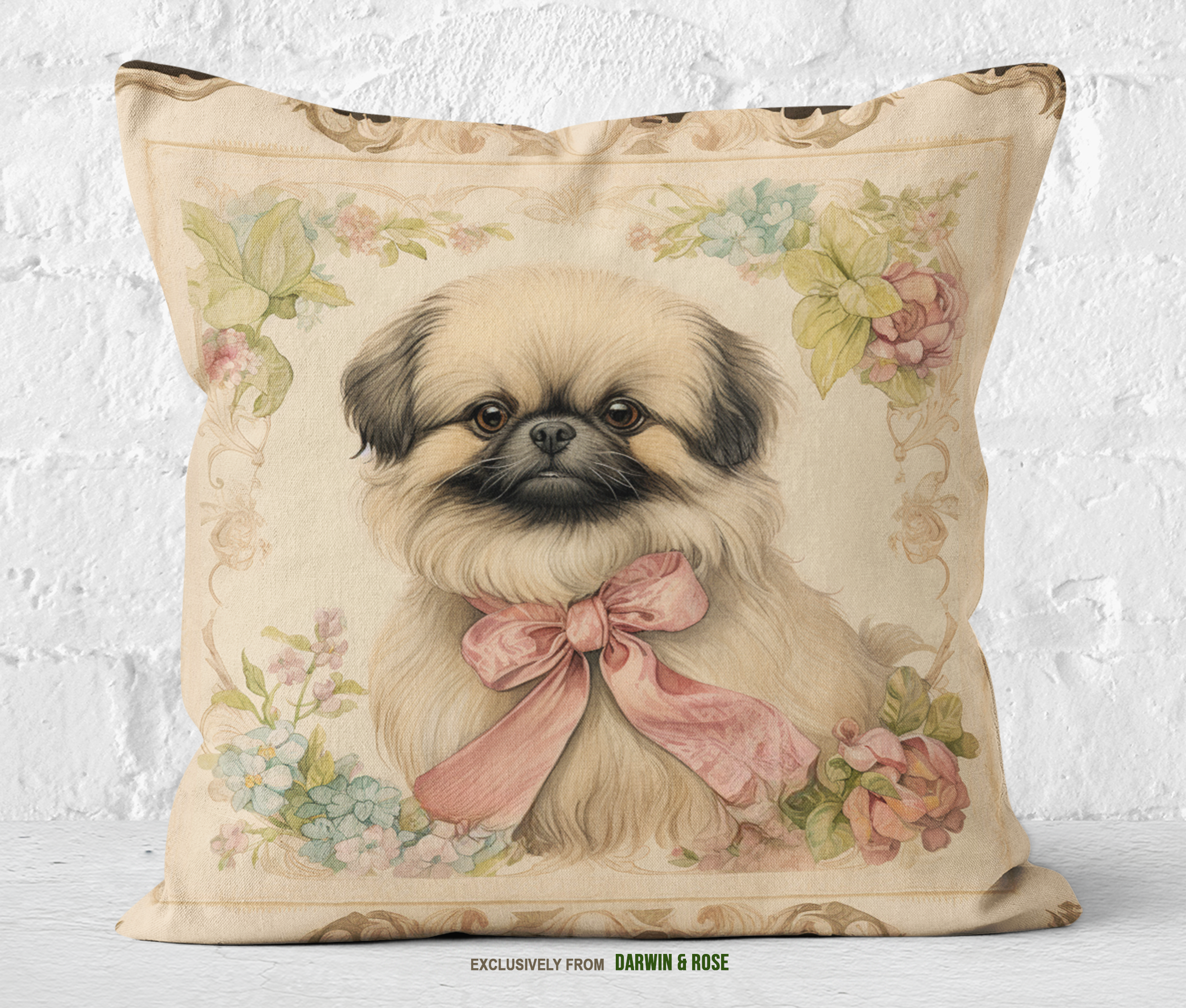 Pekingese Elegance Vintage Floral Throw Pillow
