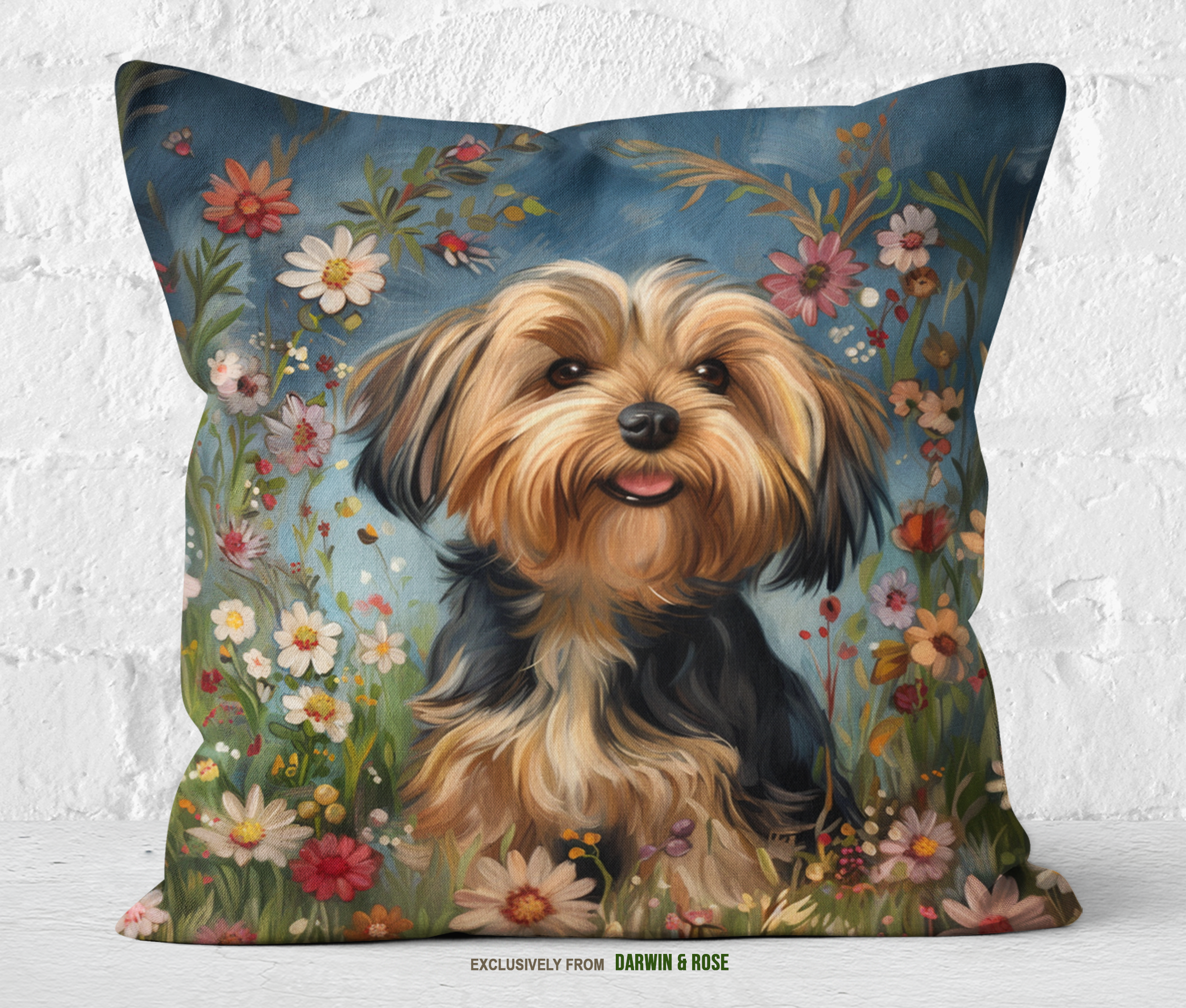 Floral Meadow Yorkipoo Throw Pillow – Whimsical Boho Dog Lover’s Decor