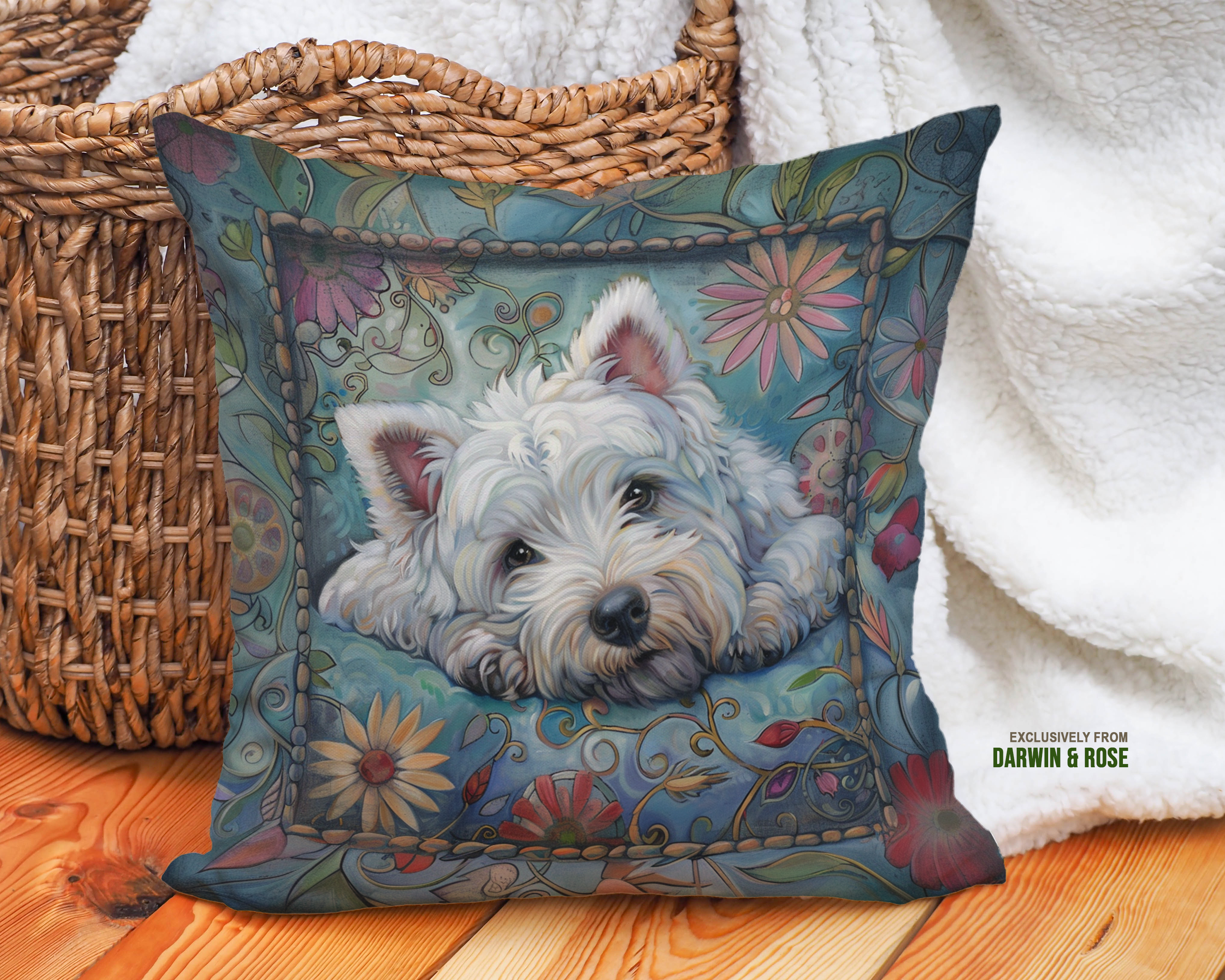 Westie Dreams Boho Throw Pillow – West Highland White Terrier Dog Art