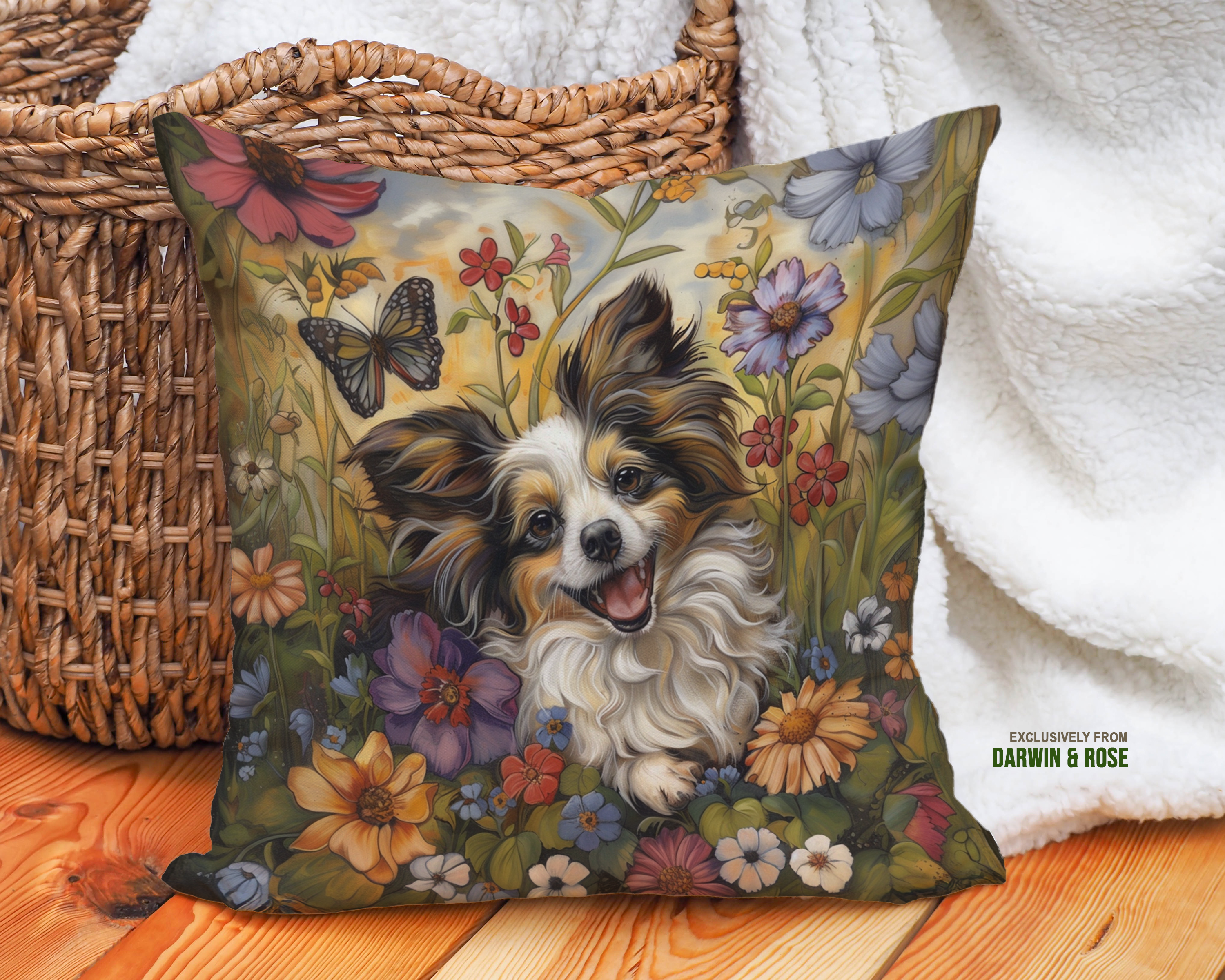 Papillon Dog Floral Meadow Throw Pillow – Vibrant Boho Décor Gift