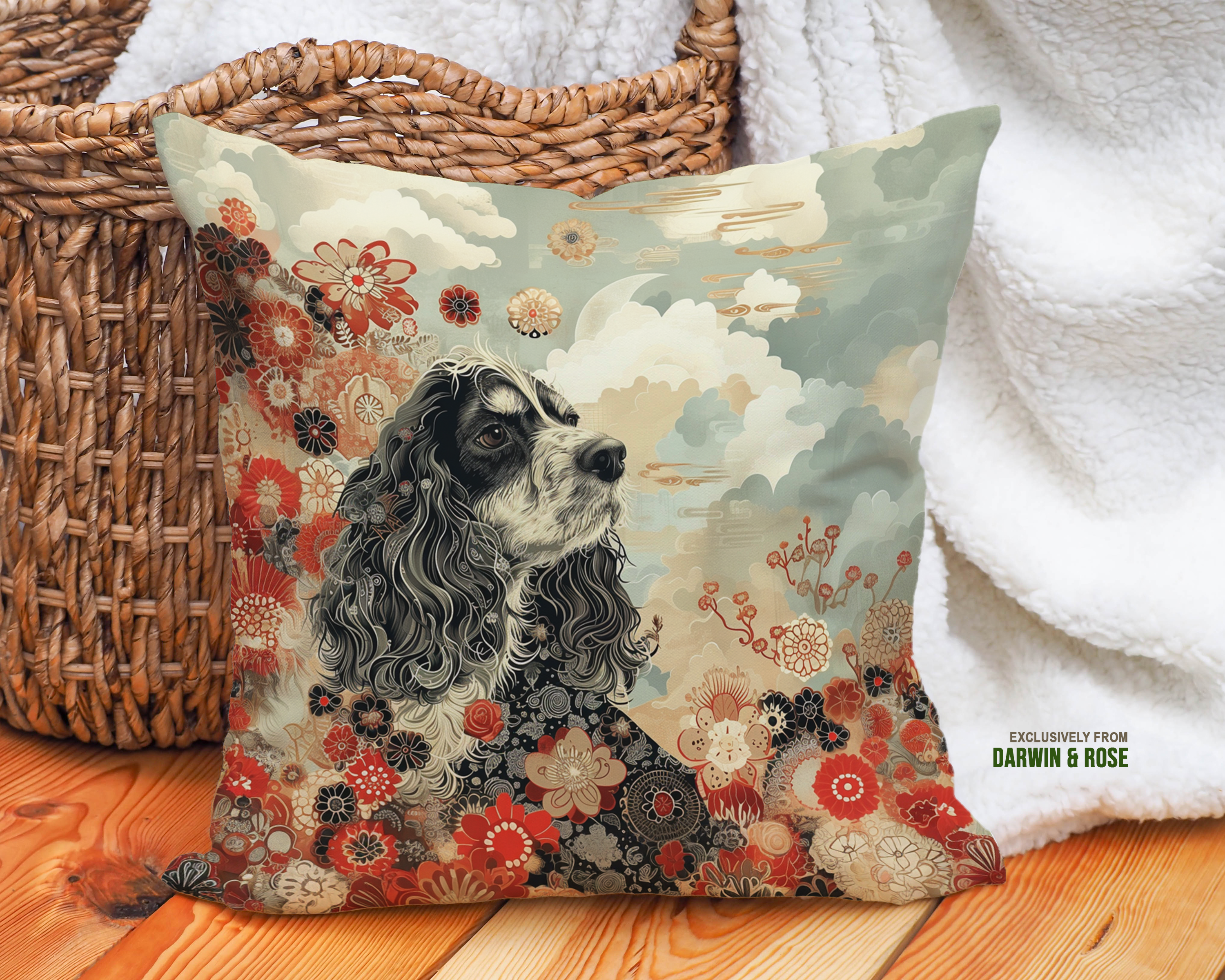 Floral Elegance Cocker Spaniel Throw Pillow – Modern Boho Decor