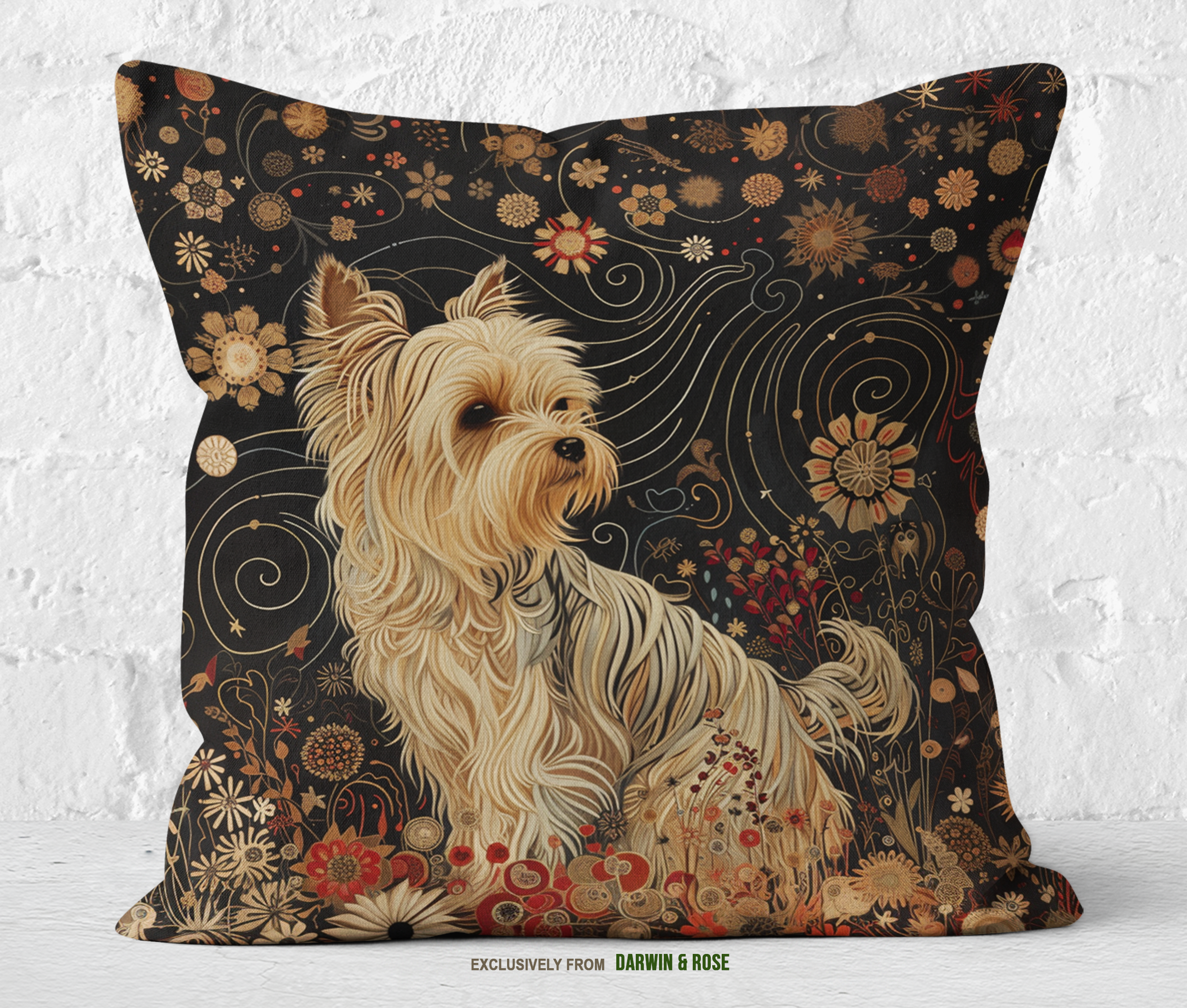 Yorkshire Terrier Boho Floral Elegance Throw Pillow