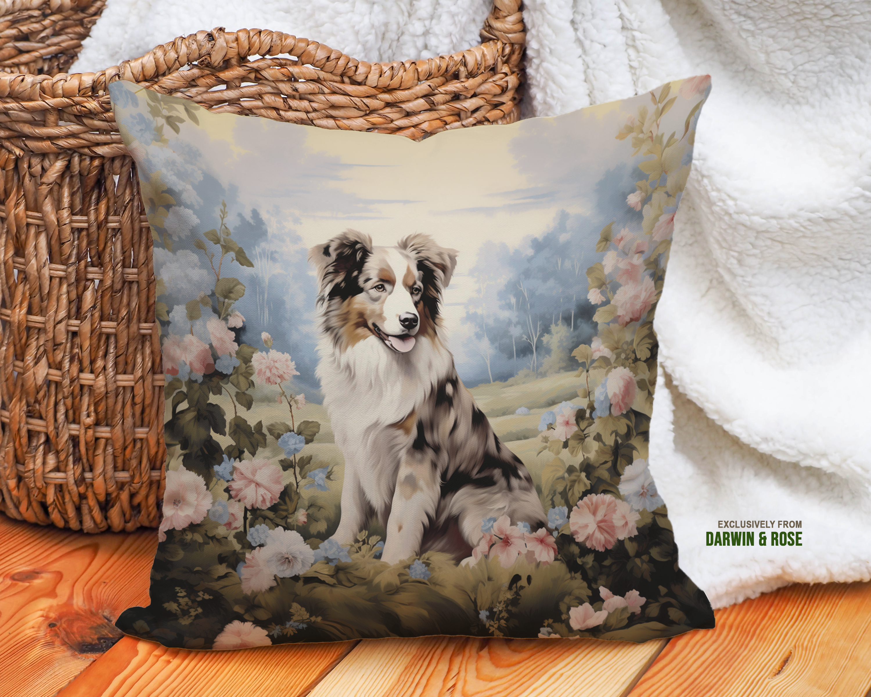 Australian Shepherd Floral Meadow Throw Pillow