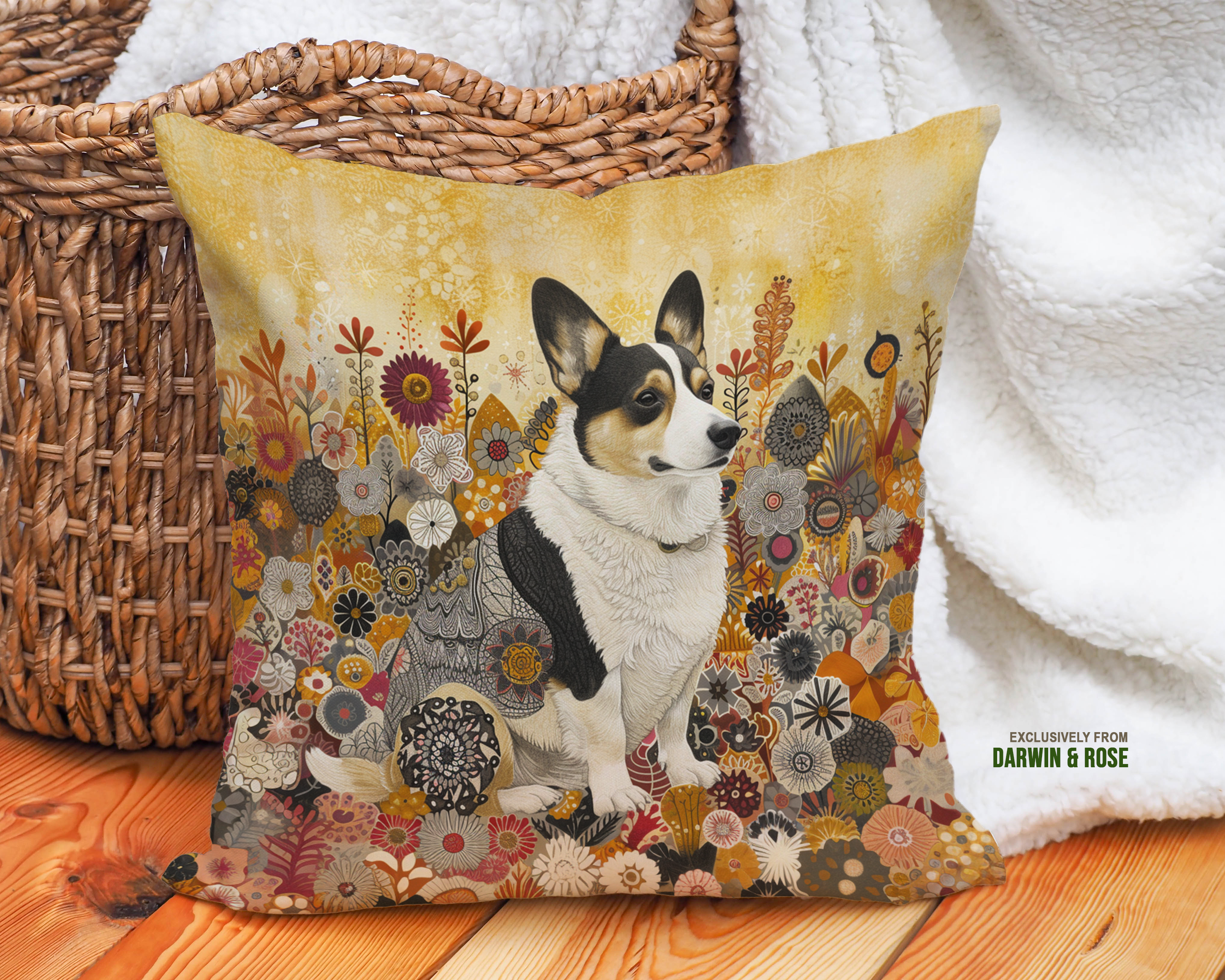 Cardigan Welsh Corgi Autumn Blooms Throw Pillow – Boho Floral Decor