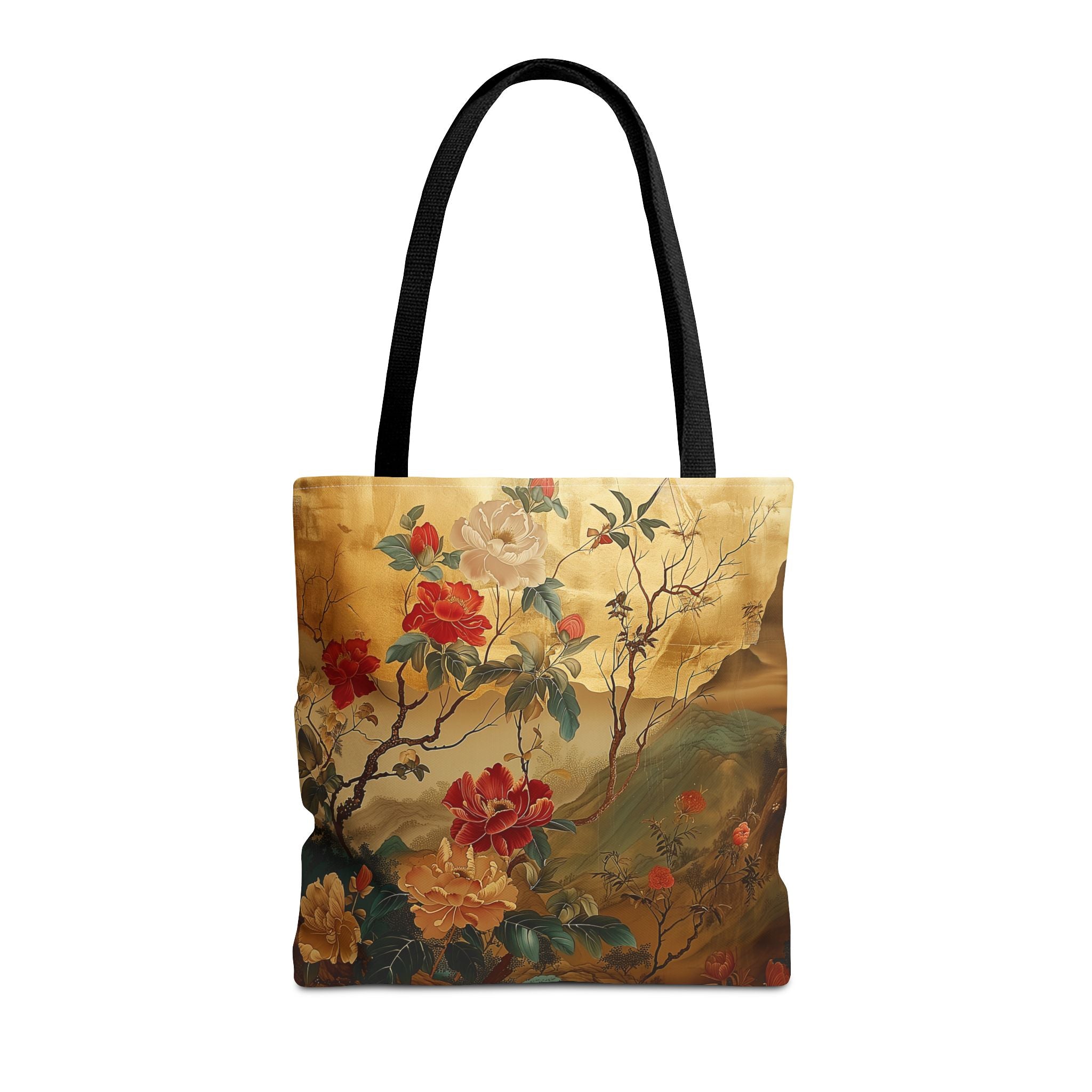 Elegant Floral Canvas Tote Bag - Gold & Red Botanical Design - Darwin & Rose