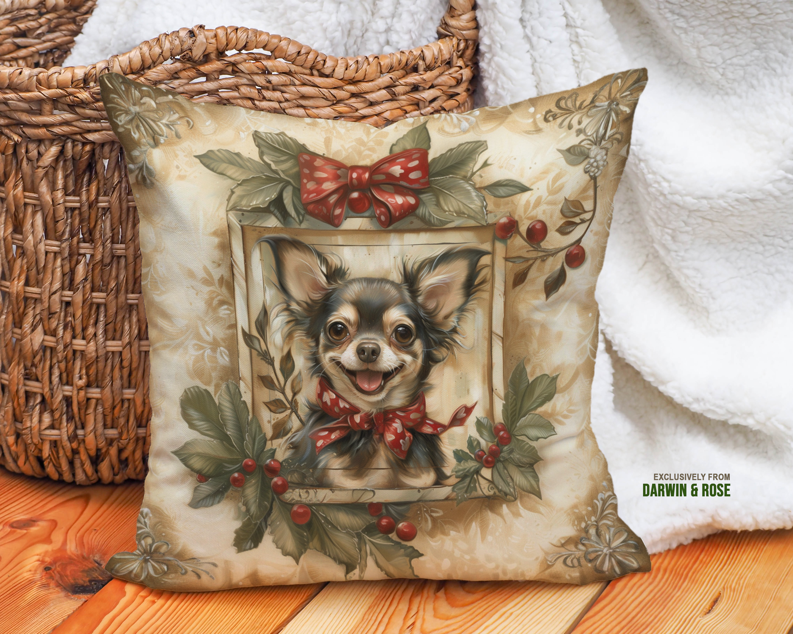 Charming Christmas Chihuahua Throw Pillow - Vintage Holiday Decor Style