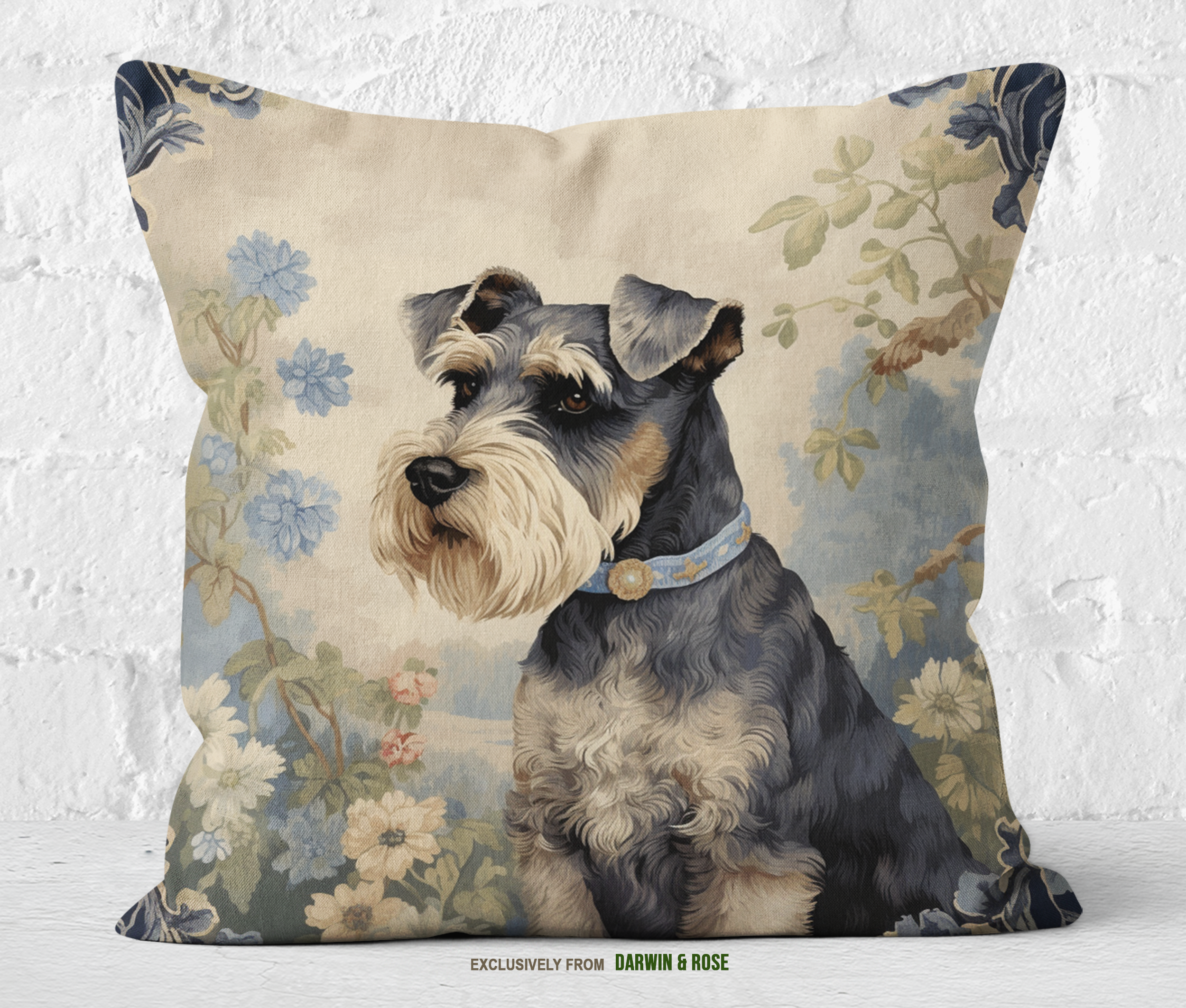 Miniature Schnauzer Vintage Floral Farmhouse Throw Pillow