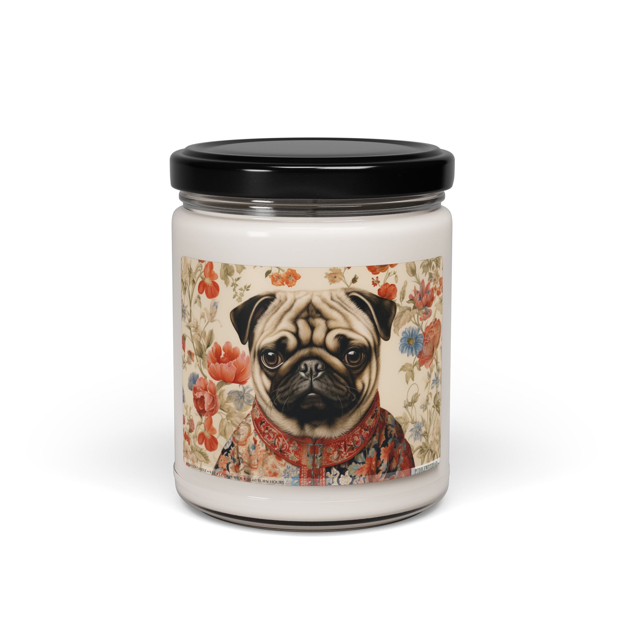 Pug Portrait Scented Candle - Vintage Floral Art Gift for Pet Lovers - Darwin & Rose