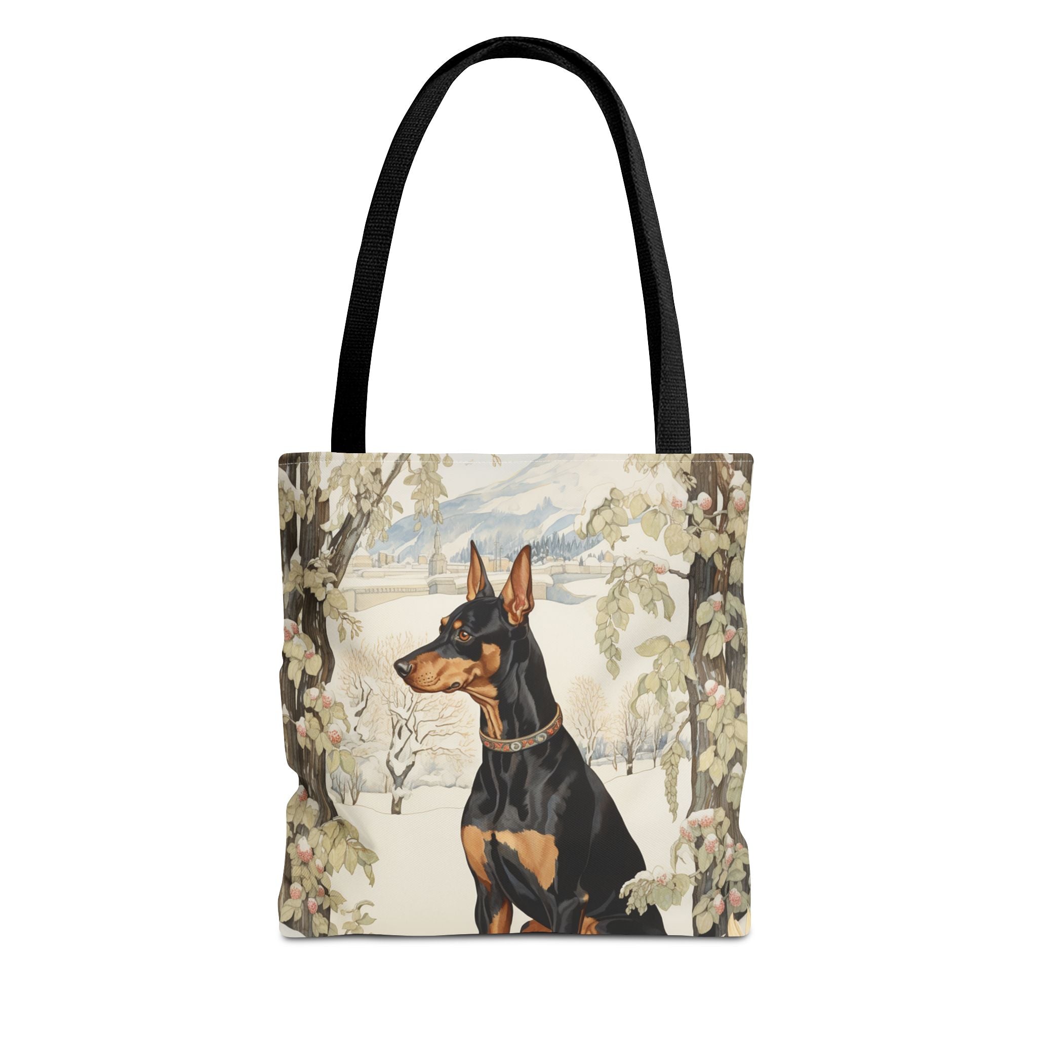 Winter Doberman Tote Bag - Elegant Snowy Alpine Scene Canvas Bag - Darwin & Rose