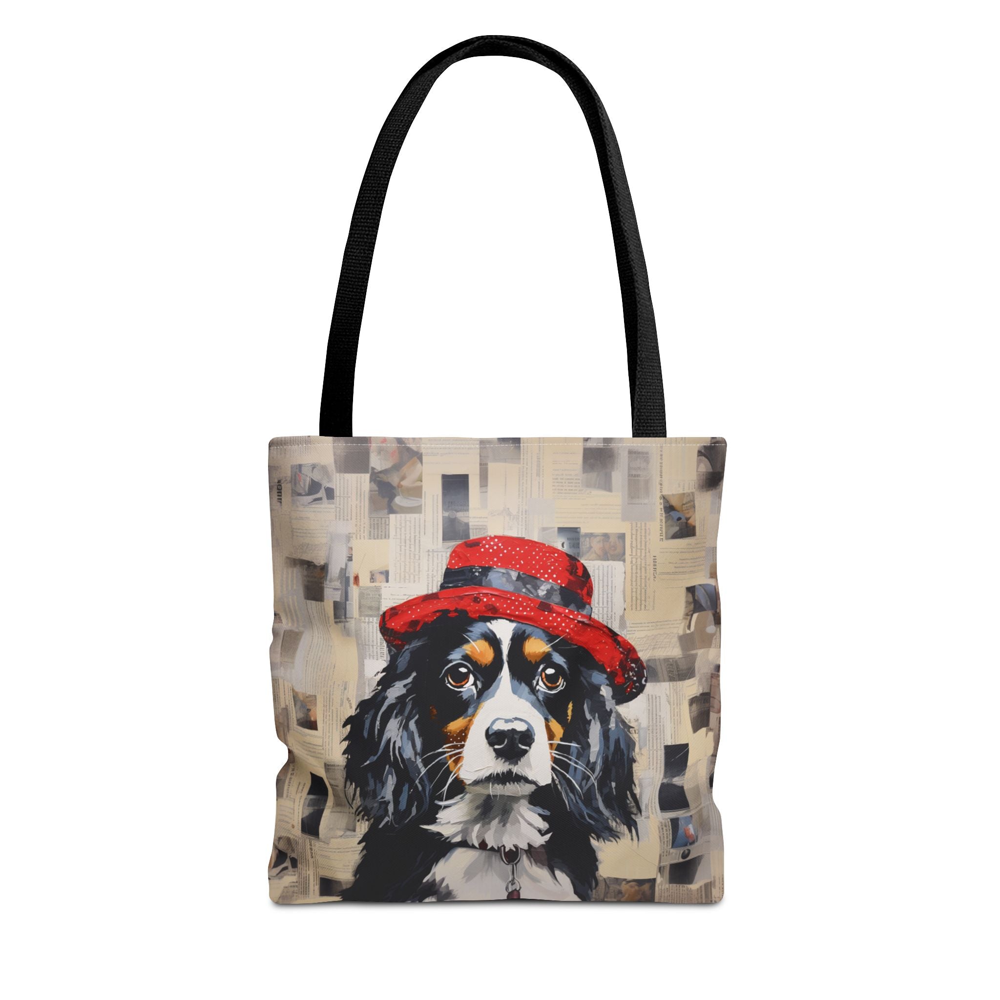 Cavalier King Charles Spaniel Tote Bag, Newsprint Design with Red Hat - Darwin & Rose