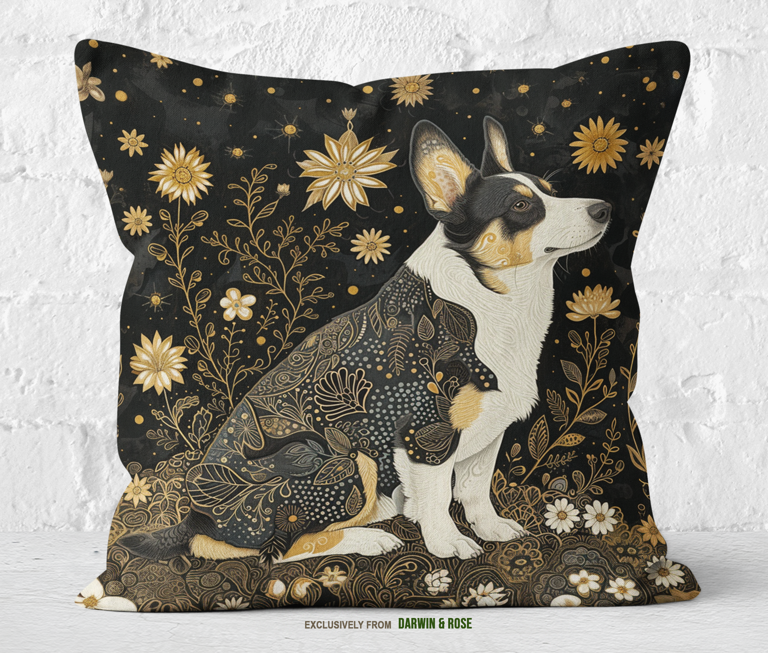 Golden Night Garden Cardigan Welsh Corgi Throw Pillow – Boho Elegance Décor