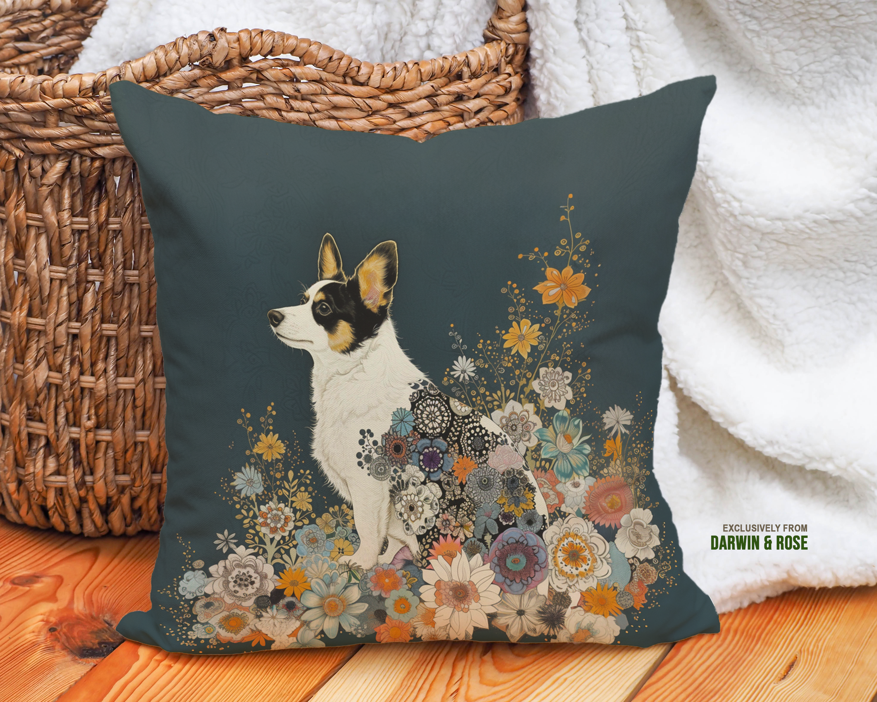 Cardigan Welsh Corgi Floral Elegance Throw Pillow – Modern Boho Decor