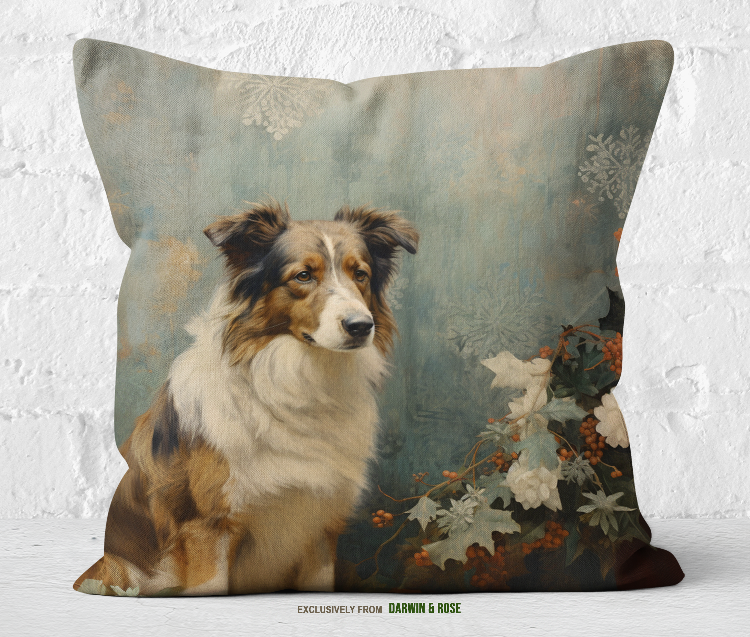 Festive Snowy Australian Shepherd Throw Pillow – Rustic Winter Charm