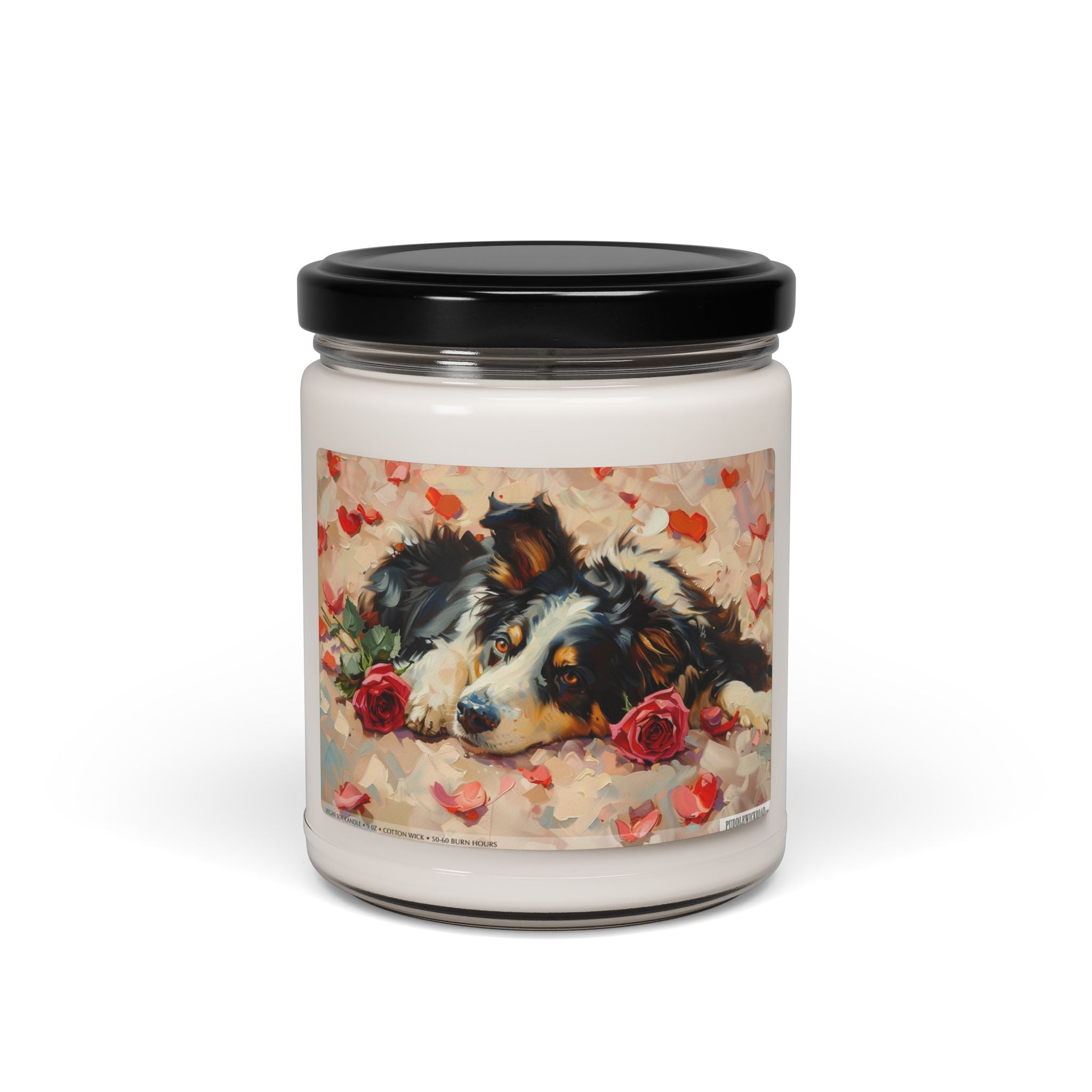 Border Collie Romance Candle - Dog Lover Gift, Floral Art Soy Candle - Darwin & Rose