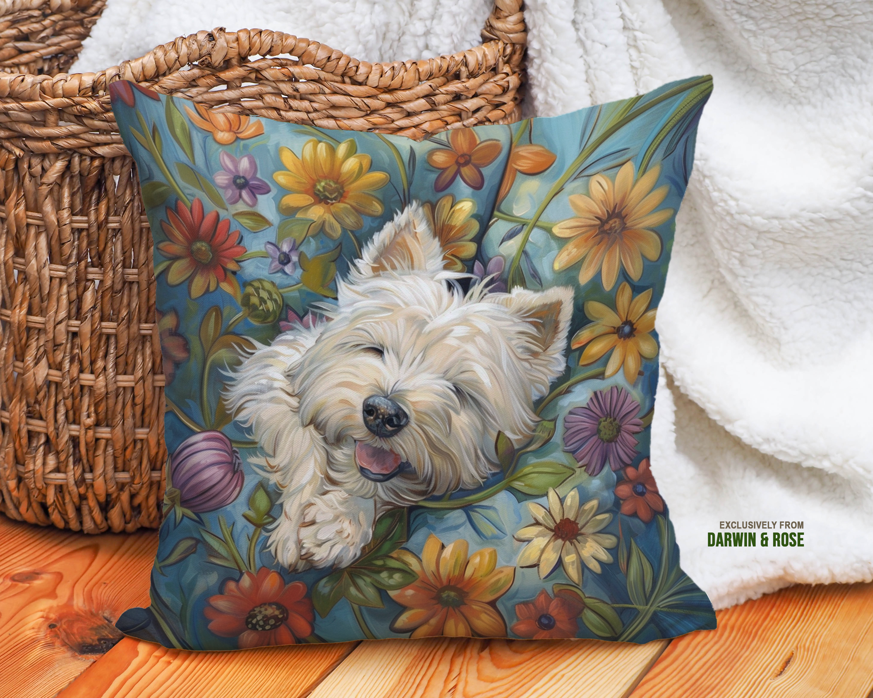 Westie Bliss Floral Throw Pillow – Modern Cottage Decor with West Highland White Terrier